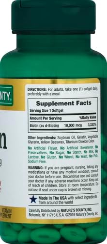 Nature's Bounty Biotin Hair Skin and Nails Vitamins, Supports Healthy Hair, Skin and Nails, 10,000 mcg, 120 Softgels (Pack of 1)