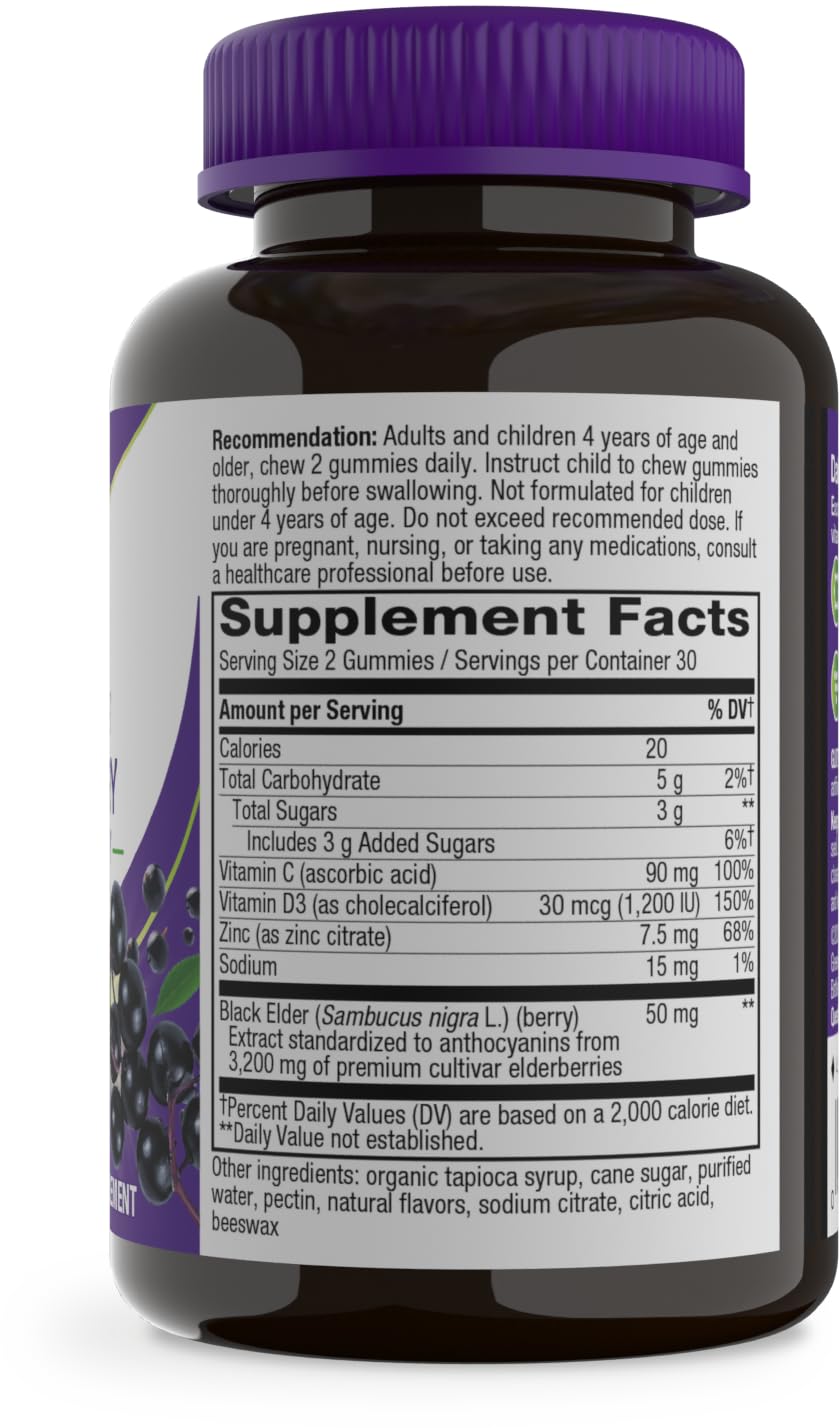 Nature's Way Sambucus Elderberry Gummies, Immune Support Gummy for Adults & Kids Ages 4+ with Black Elderberry Extract, Vitamin C, Vitamin D3, and Zinc*, 60 Gummies | Immune Gummy with Black Elderberry Extract, Vitamin C, D3, Zinc, and Superfood Antioxida