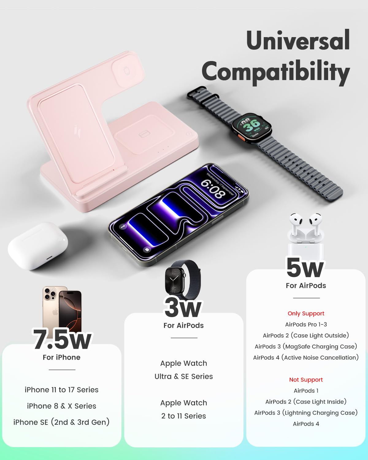 Wireless Charger iPhone Charging Station: 3 in 1 Charger Stand Multiple Devices for Apple - iPhone 17 16e 16 15 14 Pro Max 13 12 11 - Watch 11 10 9 8 7 6 5 4 3 2 SE and Ultra Series - Airpods 4 3 Pro