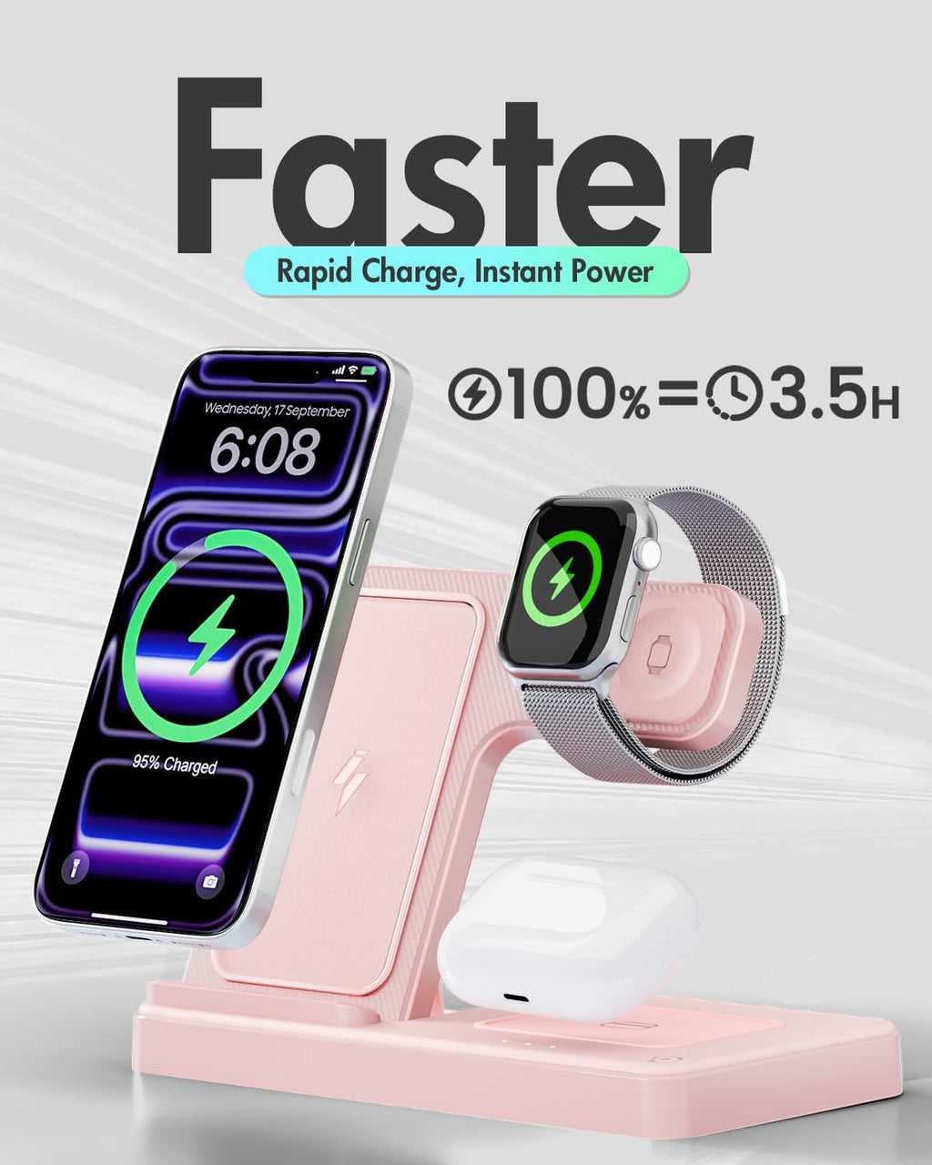 Wireless Charger iPhone Charging Station: 3 in 1 Charger Stand Multiple Devices for Apple - iPhone 17 16e 16 15 14 Pro Max 13 12 11 - Watch 11 10 9 8 7 6 5 4 3 2 SE and Ultra Series - Airpods 4 3 Pro