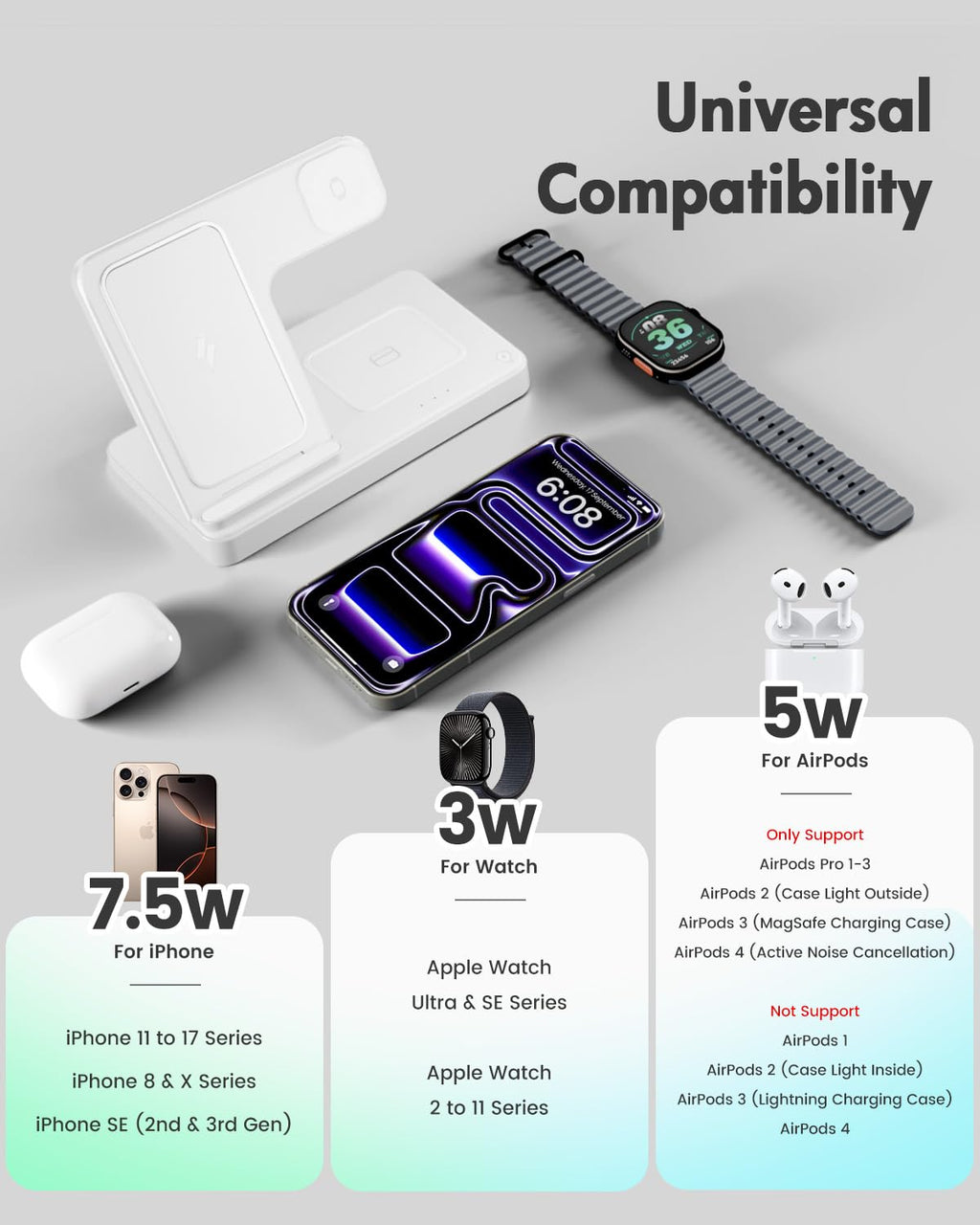 Wireless Charger iPhone Charging Station: 3 in 1 Charger Stand Multiple Devices for Apple - iPhone 17 16e 16 15 14 Pro Max 13 12 11 - Watch 11 10 9 8 7 6 5 4 3 2 SE and Ultra Series - Airpods 4 3 Pro