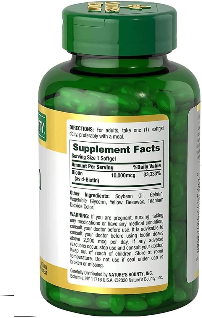 Nature's Bounty Biotin Hair Skin and Nails Vitamins, Supports Healthy Hair, Skin and Nails, 10,000 mcg, 120 Softgels (Pack of 1)