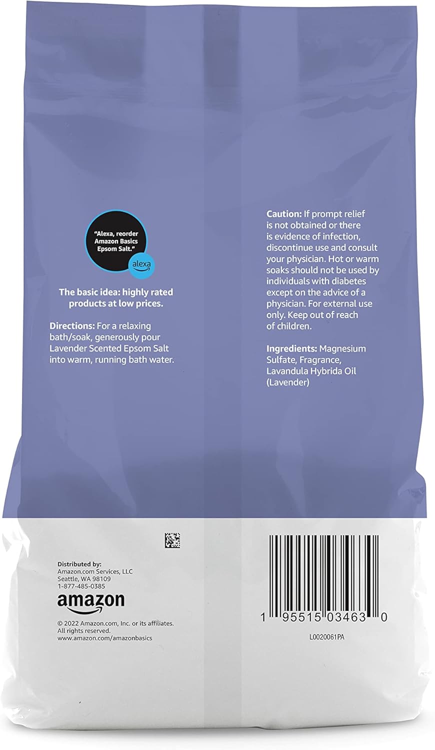 Amazon Basics Epsom Salt Soak, Unscented, Magnesium Sulfate USP, Muscle and Feet Relaxation, Resealable Bag, 3 Pound