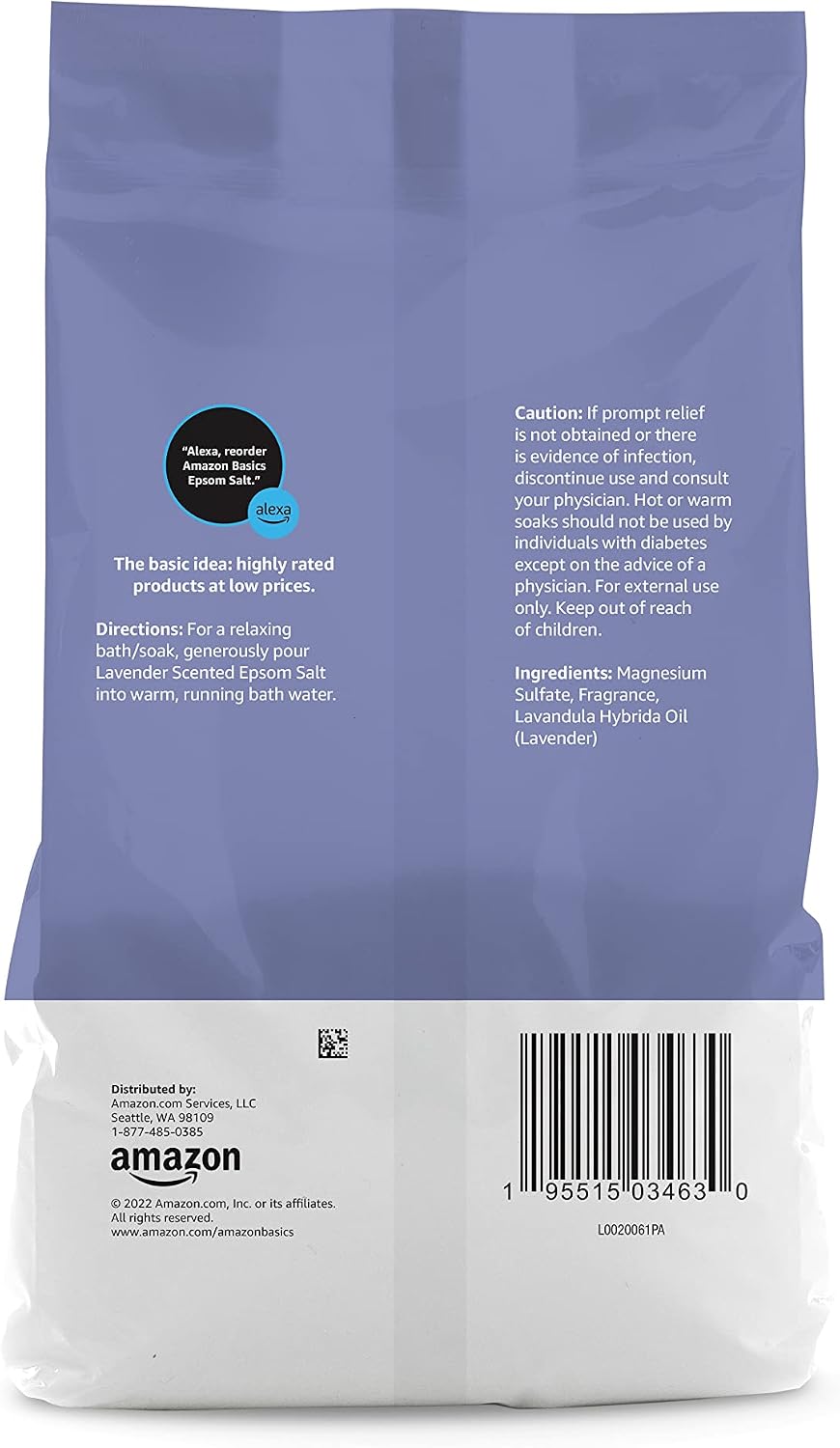 Amazon Basics Epsom Salt Soak, Unscented, Magnesium Sulfate USP, Muscle and Feet Relaxation, Resealable Bag, 3 Pound