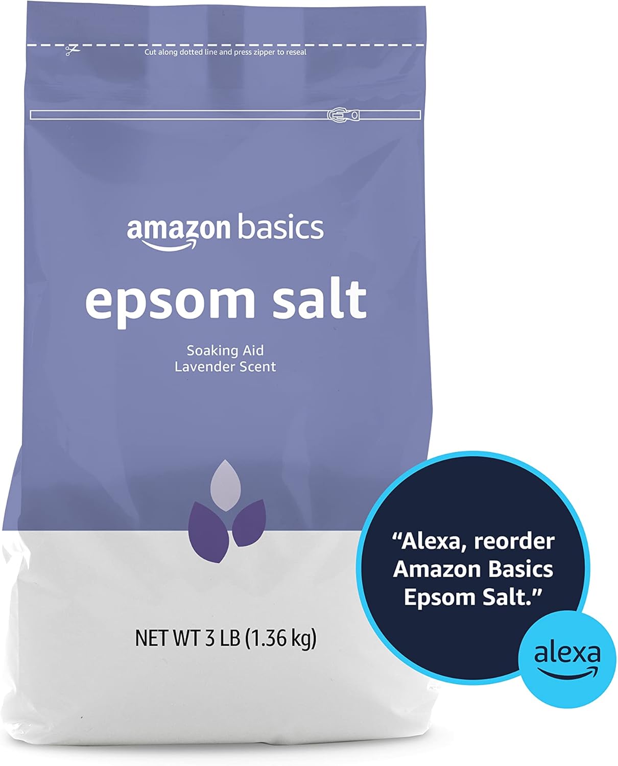 Amazon Basics Epsom Salt Soak, Unscented, Magnesium Sulfate USP, Muscle and Feet Relaxation, Resealable Bag, 3 Pound