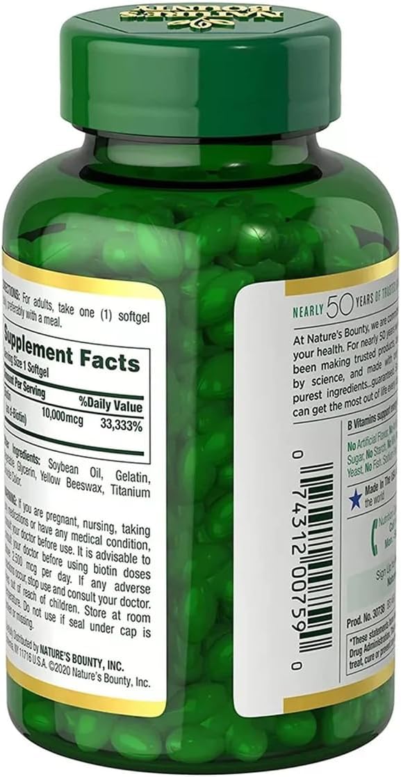 Nature's Bounty Biotin Hair Skin and Nails Vitamins, Supports Healthy Hair, Skin and Nails, 10,000 mcg, 120 Softgels (Pack of 1)