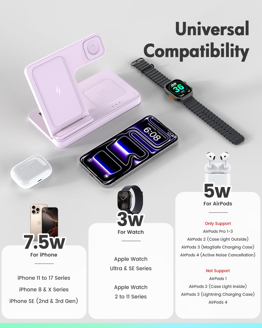 Wireless Charger iPhone Charging Station: 3 in 1 Charger Stand Multiple Devices for Apple - iPhone 17 16e 16 15 14 Pro Max 13 12 11 - Watch 11 10 9 8 7 6 5 4 3 2 SE and Ultra Series - Airpods 4 3 Pro