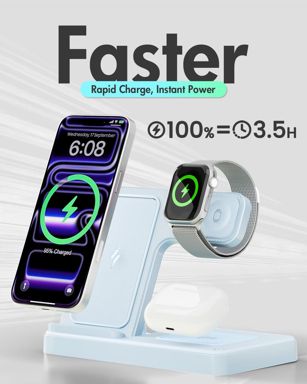 Wireless Charger iPhone Charging Station: 3 in 1 Charger Stand Multiple Devices for Apple - iPhone 17 16e 16 15 14 Pro Max 13 12 11 - Watch 11 10 9 8 7 6 5 4 3 2 SE and Ultra Series - Airpods 4 3 Pro