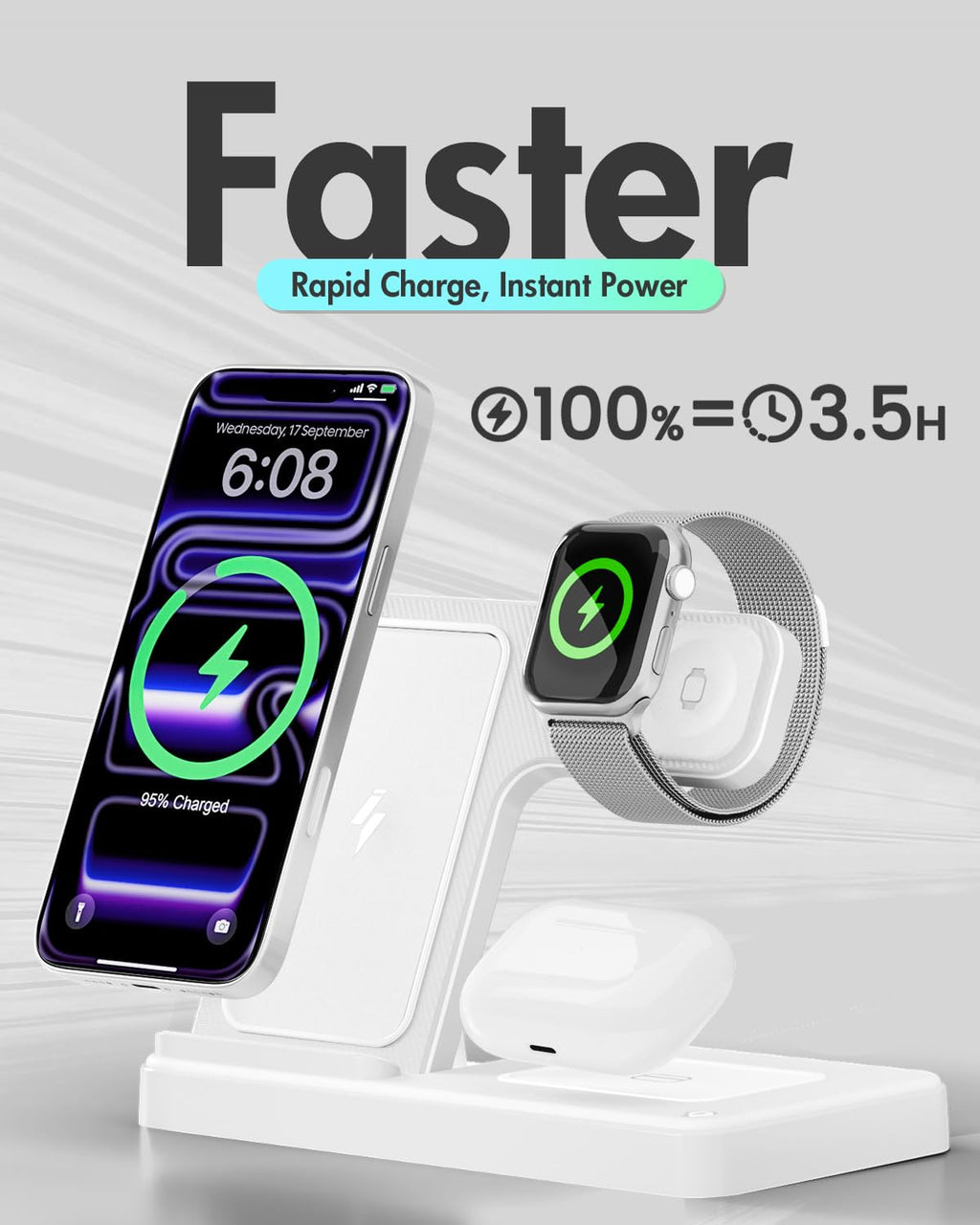 Wireless Charger iPhone Charging Station: 3 in 1 Charger Stand Multiple Devices for Apple - iPhone 17 16e 16 15 14 Pro Max 13 12 11 - Watch 11 10 9 8 7 6 5 4 3 2 SE and Ultra Series - Airpods 4 3 Pro