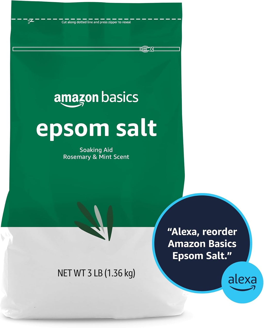 Amazon Basics Epsom Salt Soak, Unscented, Magnesium Sulfate USP, Muscle and Feet Relaxation, Resealable Bag, 3 Pound