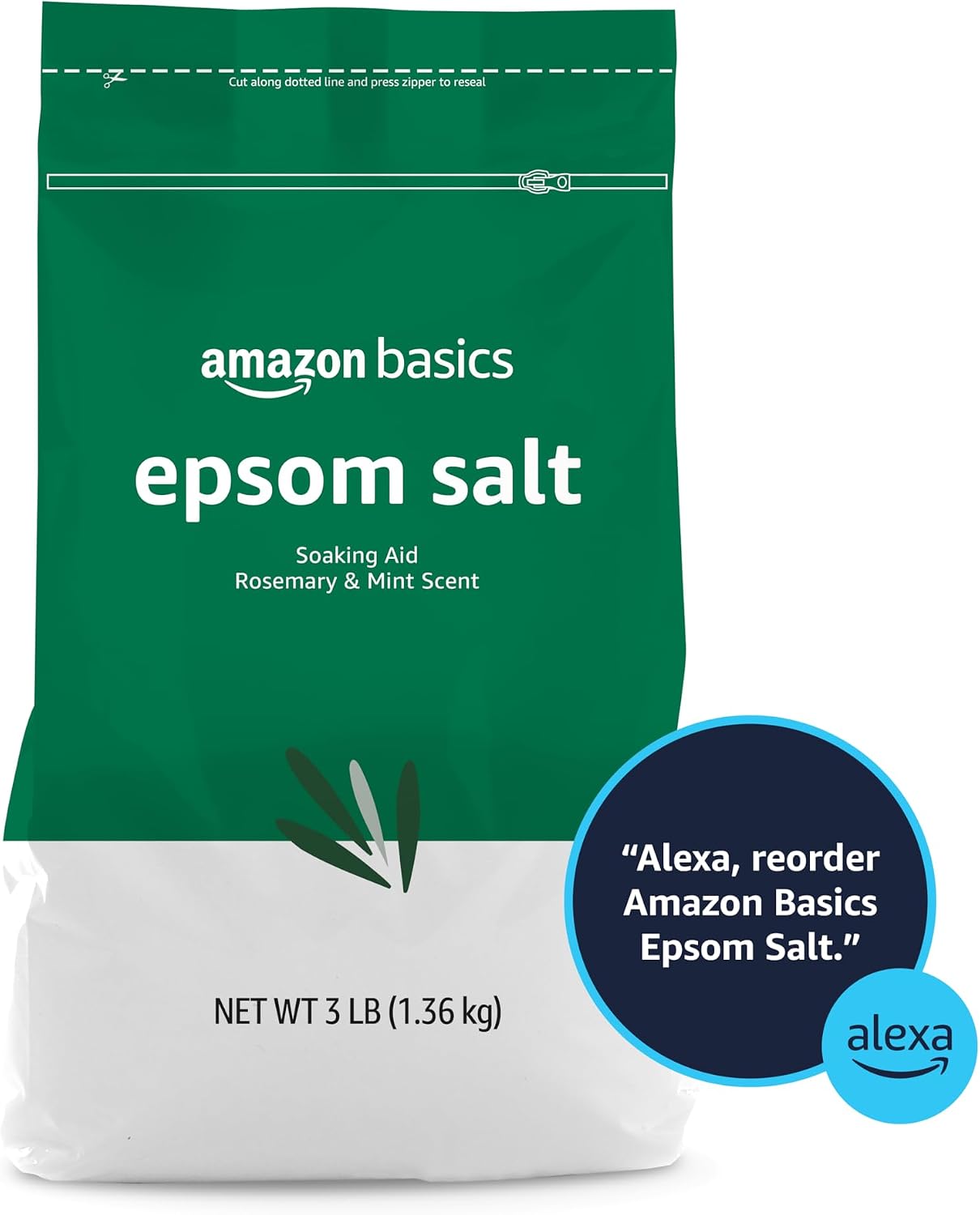 Amazon Basics Epsom Salt Soak, Unscented, Magnesium Sulfate USP, Muscle and Feet Relaxation, Resealable Bag, 3 Pound