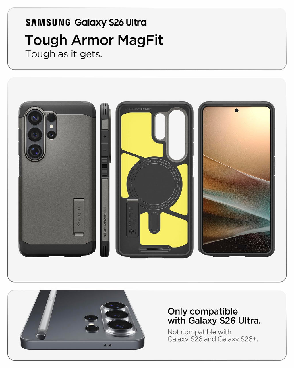 Spigen for Galaxy S26 Ultra Case, Tough Armor MagFit [Kickstand] [Compatible with MagSafe] [Military-Grade Protection] - Black