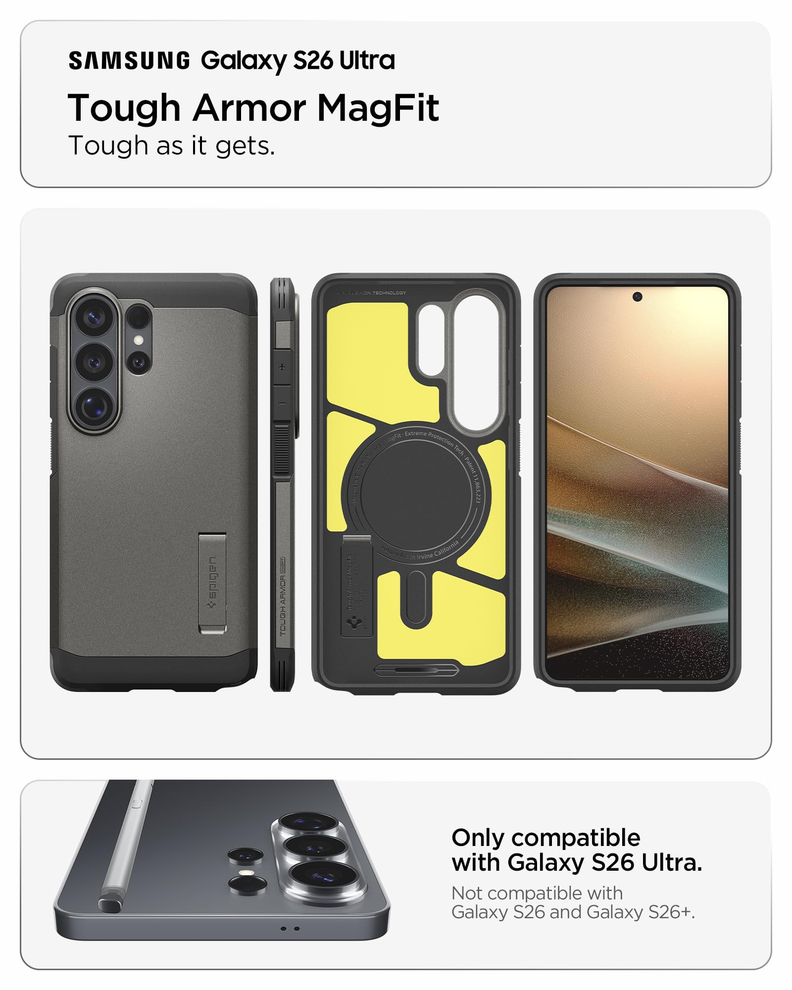 Spigen for Galaxy S26 Ultra Case, Tough Armor MagFit [Kickstand] [Compatible with MagSafe] [Military-Grade Protection] - Black