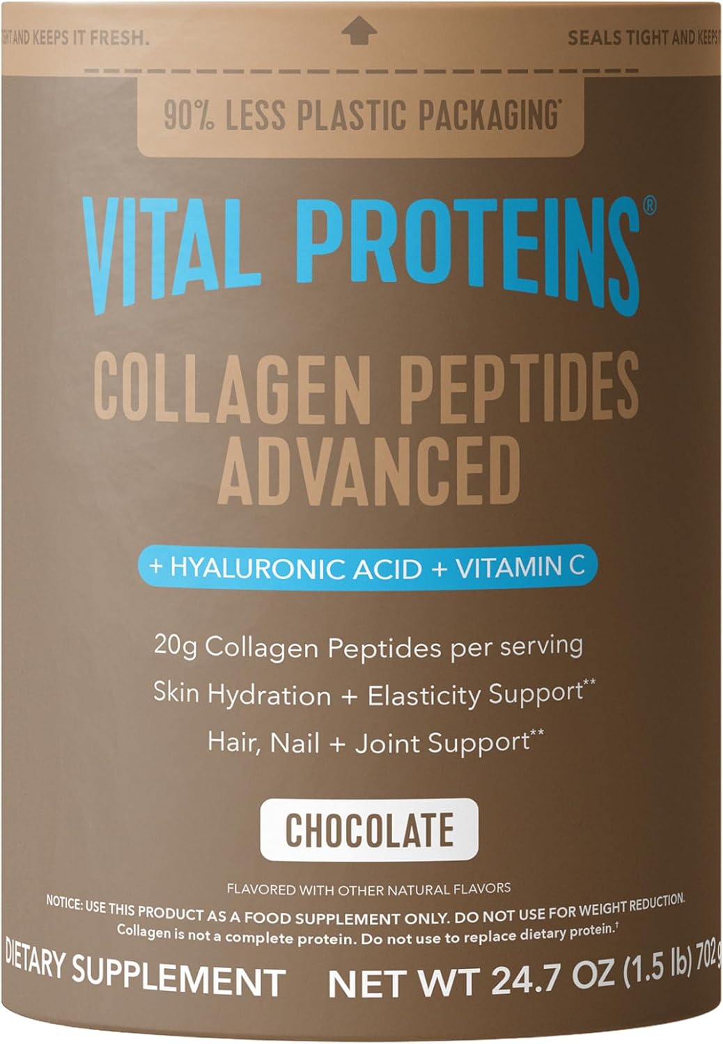 Vital Proteins Collagen Peptides Powder Advanced with Hyaluronic Acid & Vitamin C, 20oz Collagen Protein, Unflavored, 27 Servings