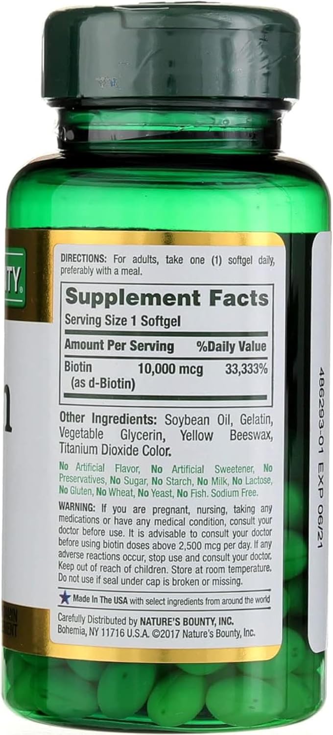 Nature's Bounty Biotin Hair Skin and Nails Vitamins, Supports Healthy Hair, Skin and Nails, 10,000 mcg, 120 Softgels (Pack of 1)