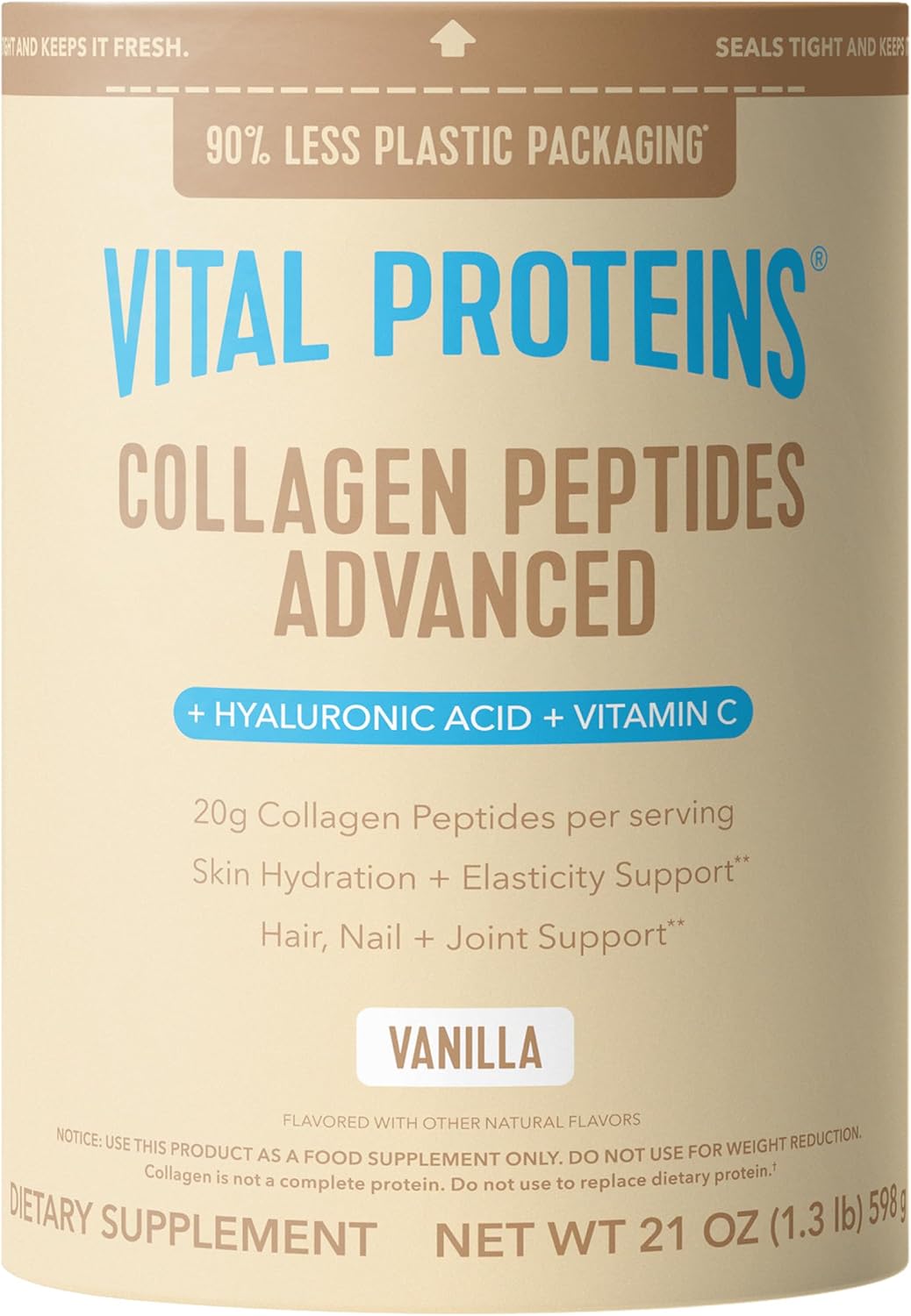 Vital Proteins Collagen Peptides Powder Advanced with Hyaluronic Acid & Vitamin C, 20oz Collagen Protein, Unflavored, 27 Servings