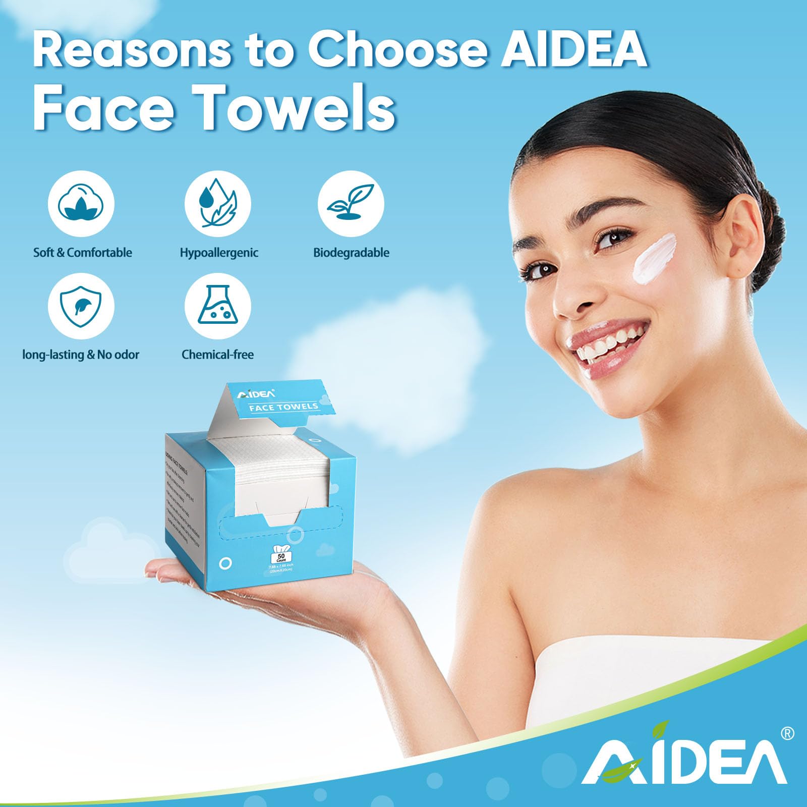 AIDEA Face Towels Disposable-50Ct, Face Cloths for Sensitive Skin | Facial Cleansing Wipes, Facial Towelettes for Makeup Removing, Nursing, Travel, Dry Wipes