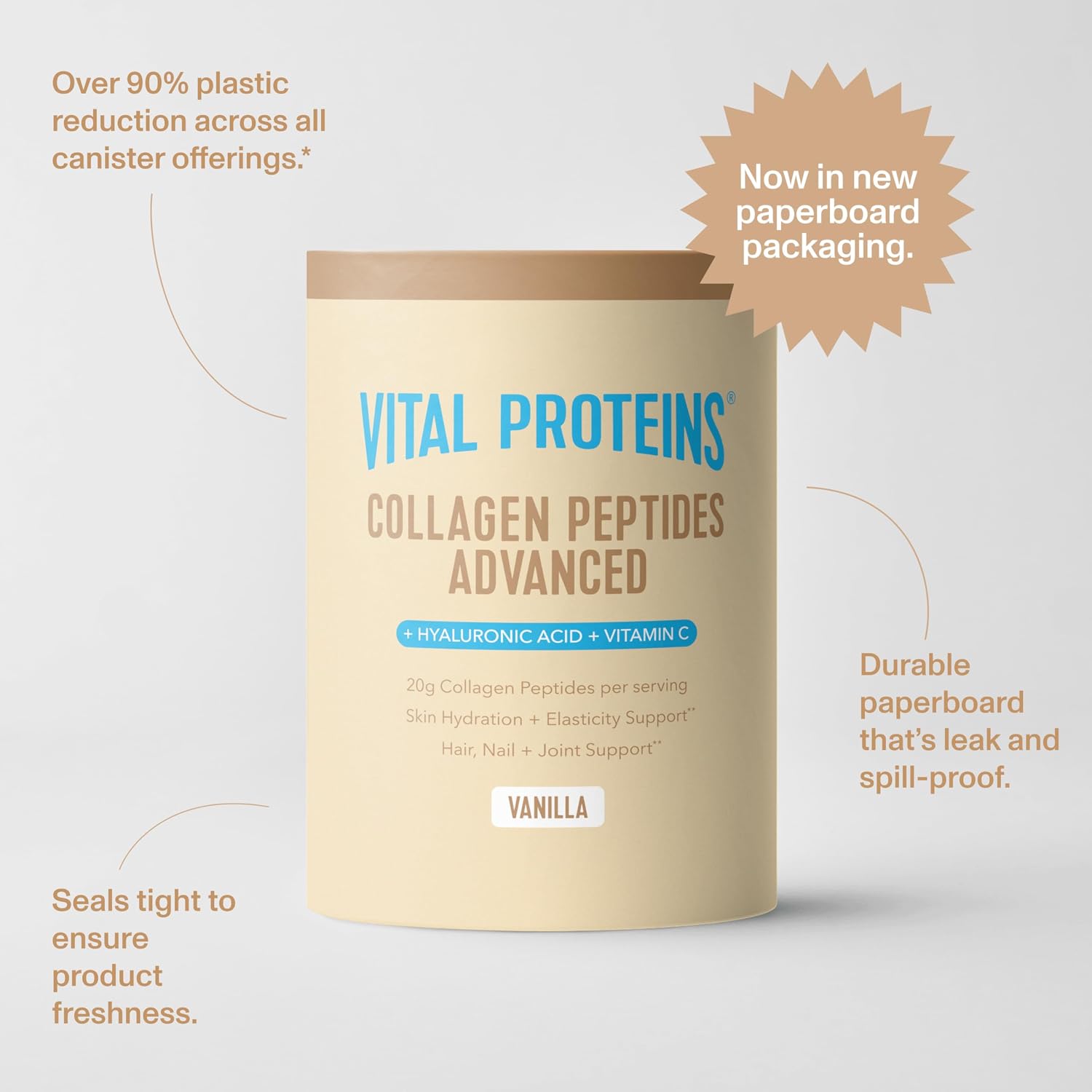 Vital Proteins Collagen Peptides Powder Advanced with Hyaluronic Acid & Vitamin C, 20oz Collagen Protein, Unflavored, 27 Servings