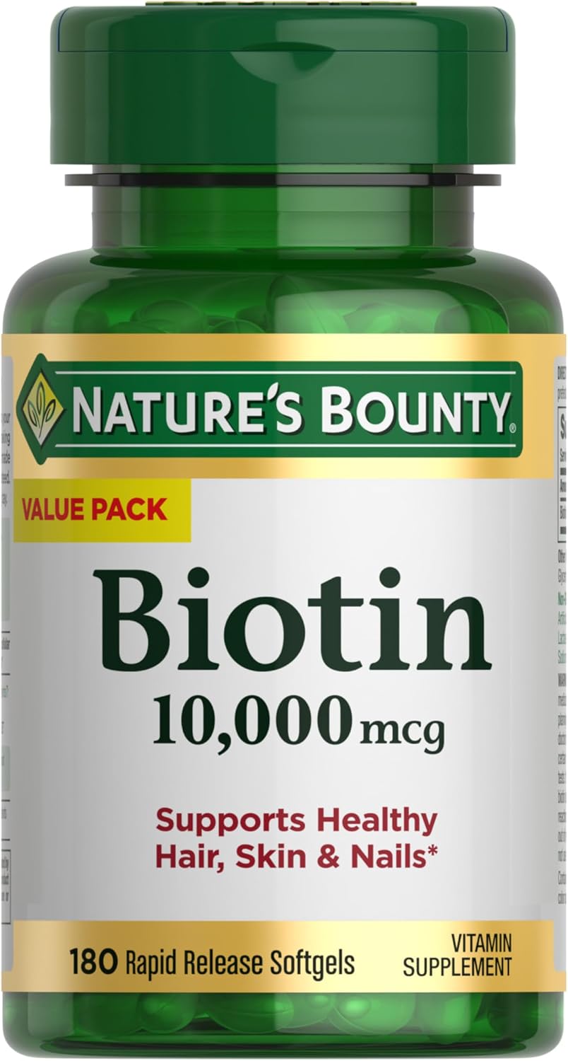 Nature's Bounty Biotin Hair Skin and Nails Vitamins, Supports Healthy Hair, Skin and Nails, 10,000 mcg, 120 Softgels (Pack of 1)