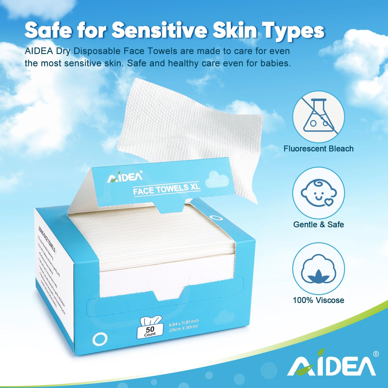 AIDEA Face Towels Disposable-50Ct, Face Cloths for Sensitive Skin | Facial Cleansing Wipes, Facial Towelettes for Makeup Removing, Nursing, Travel, Dry Wipes