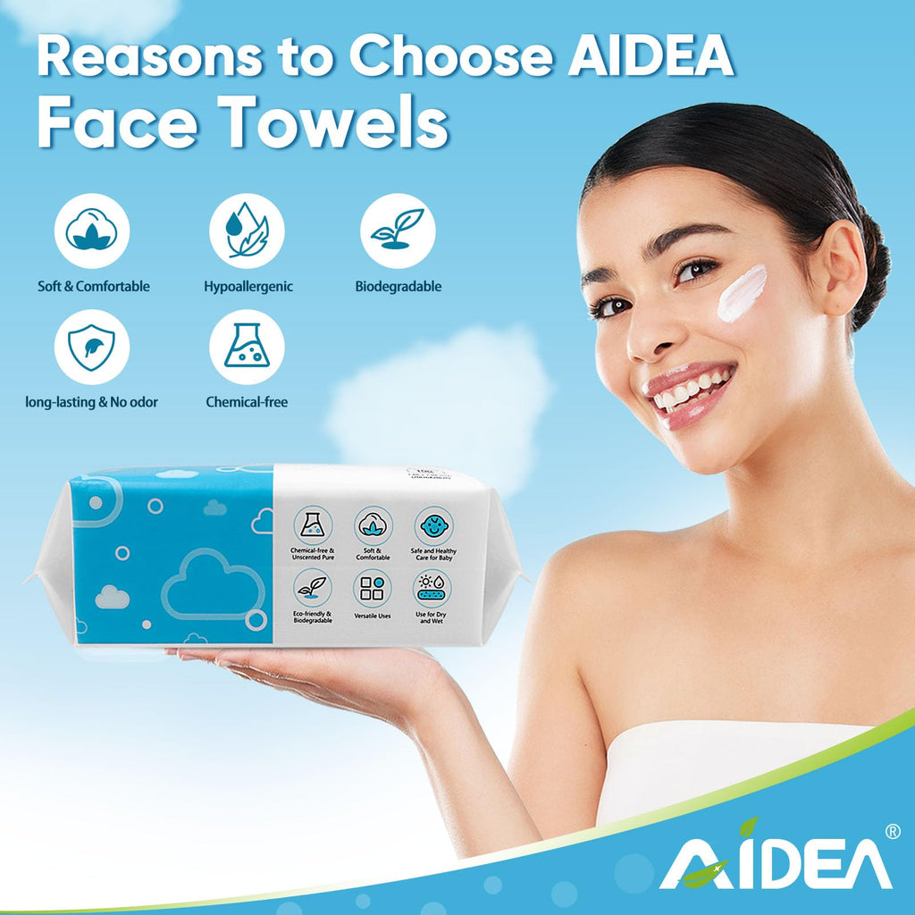 AIDEA Face Towels Disposable-50Ct, Face Cloths for Sensitive Skin | Facial Cleansing Wipes, Facial Towelettes for Makeup Removing, Nursing, Travel, Dry Wipes