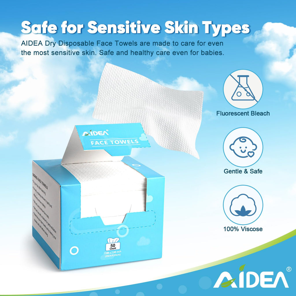 AIDEA Face Towels Disposable-50Ct, Face Cloths for Sensitive Skin | Facial Cleansing Wipes, Facial Towelettes for Makeup Removing, Nursing, Travel, Dry Wipes