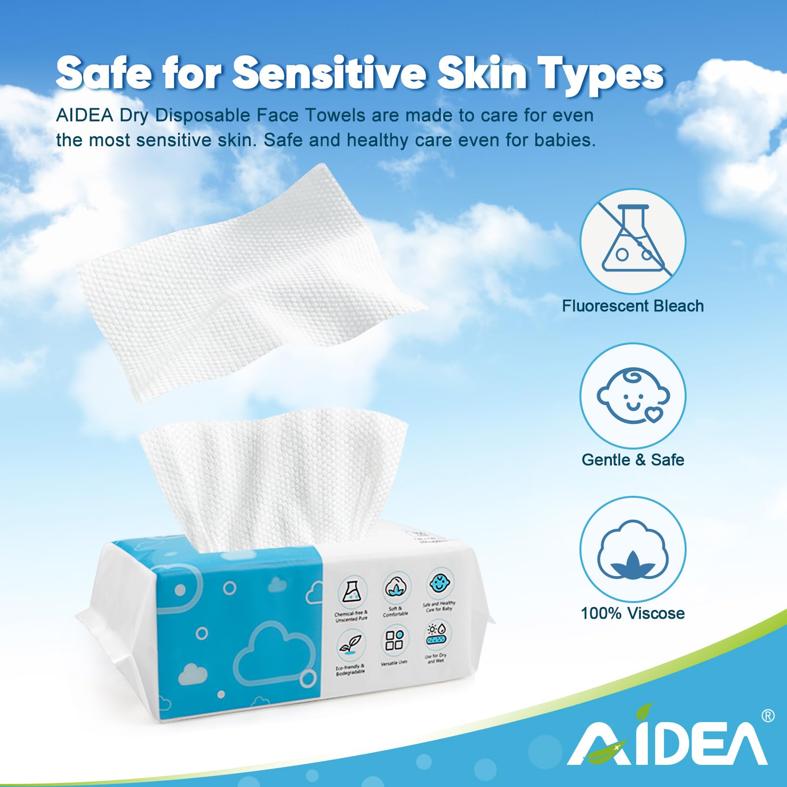 AIDEA Face Towels Disposable-50Ct, Face Cloths for Sensitive Skin | Facial Cleansing Wipes, Facial Towelettes for Makeup Removing, Nursing, Travel, Dry Wipes