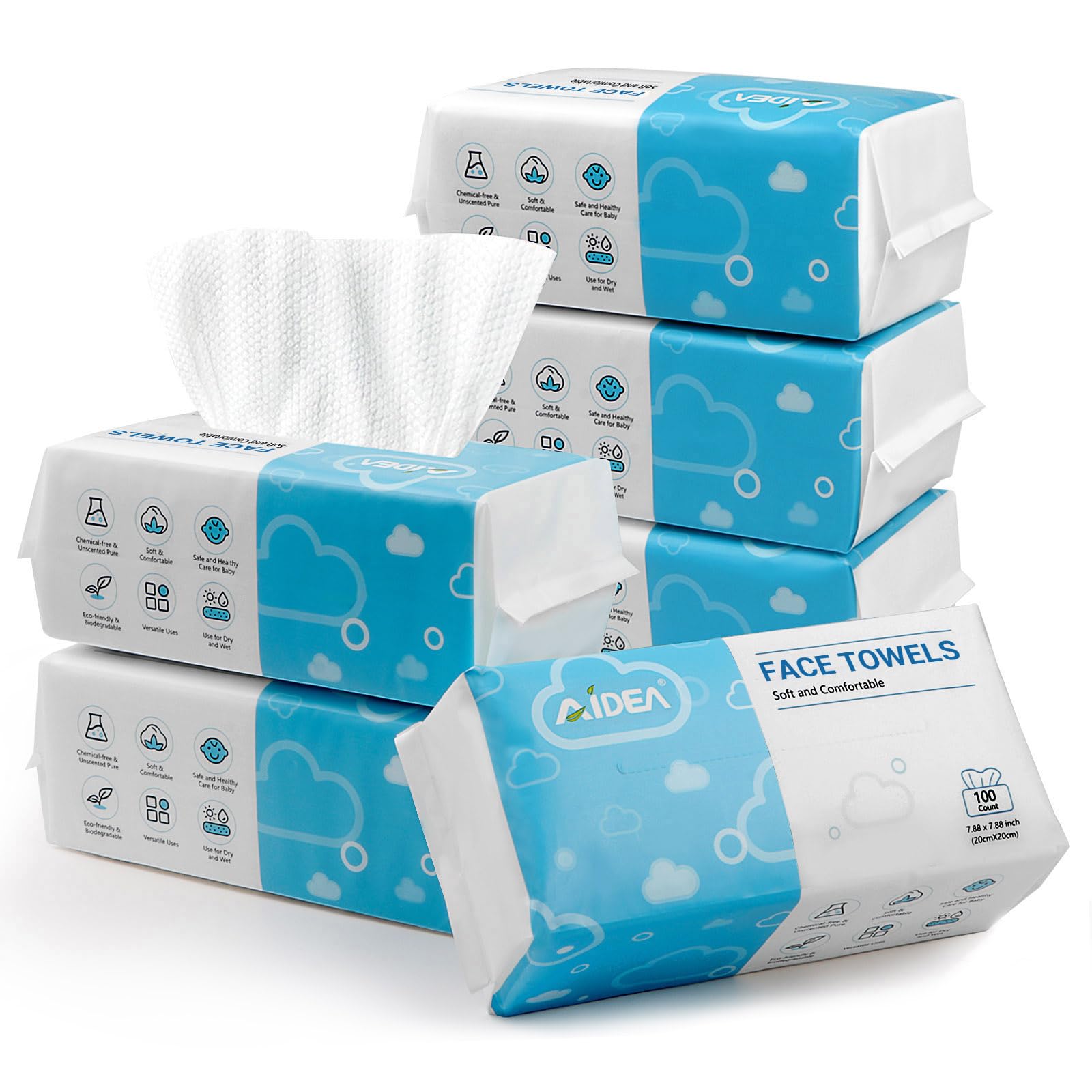 AIDEA Face Towels Disposable-50Ct, Face Cloths for Sensitive Skin | Facial Cleansing Wipes, Facial Towelettes for Makeup Removing, Nursing, Travel, Dry Wipes