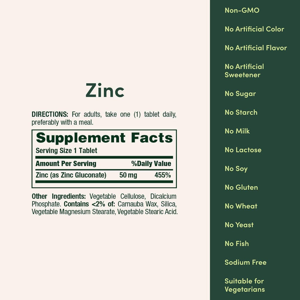 Nature’s Bounty Zinc 50mg, Immune Support & Antioxidant Supplement, Promotes Skin Health, 1 Caplet Per Day, Gluten Free, 250 Vegetarian Caplets