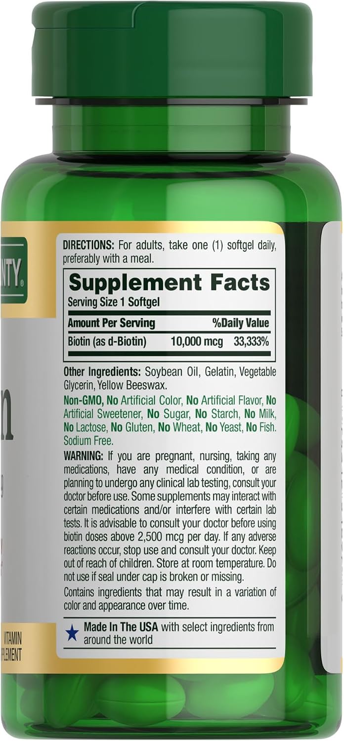 Nature's Bounty Biotin Hair Skin and Nails Vitamins, Supports Healthy Hair, Skin and Nails, 10,000 mcg, 120 Softgels (Pack of 1)