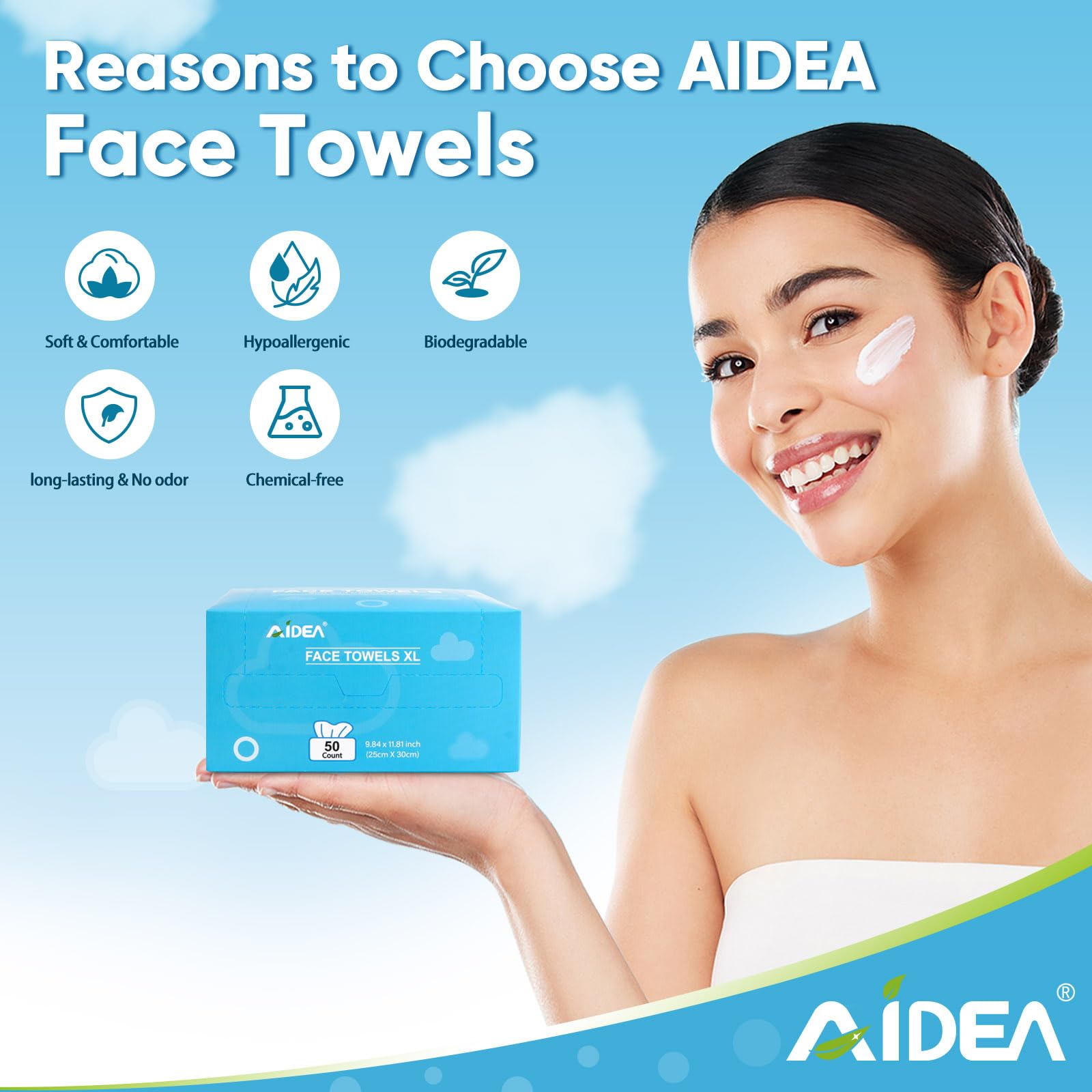 AIDEA Face Towels Disposable-50Ct, Face Cloths for Sensitive Skin | Facial Cleansing Wipes, Facial Towelettes for Makeup Removing, Nursing, Travel, Dry Wipes