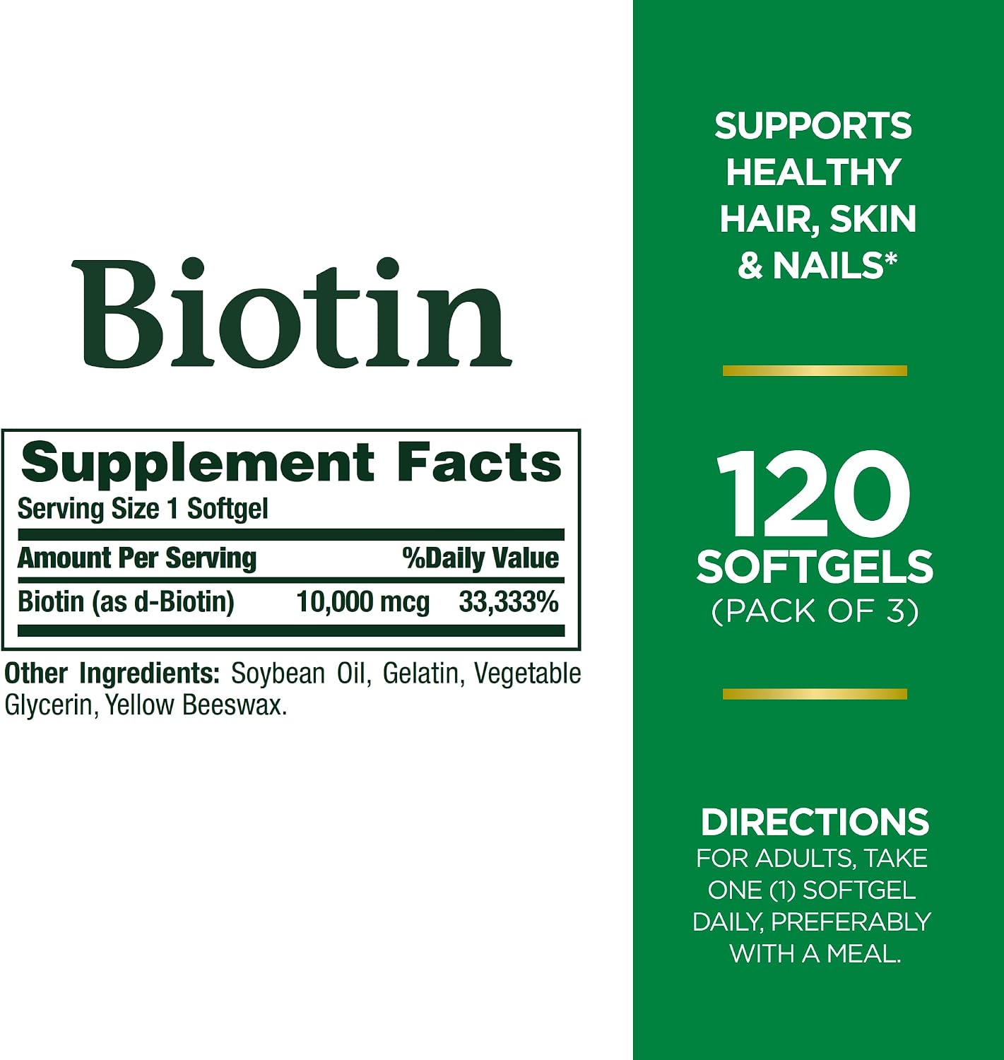 Nature's Bounty Biotin Hair Skin and Nails Vitamins, Supports Healthy Hair, Skin and Nails, 10,000 mcg, 120 Softgels (Pack of 1)