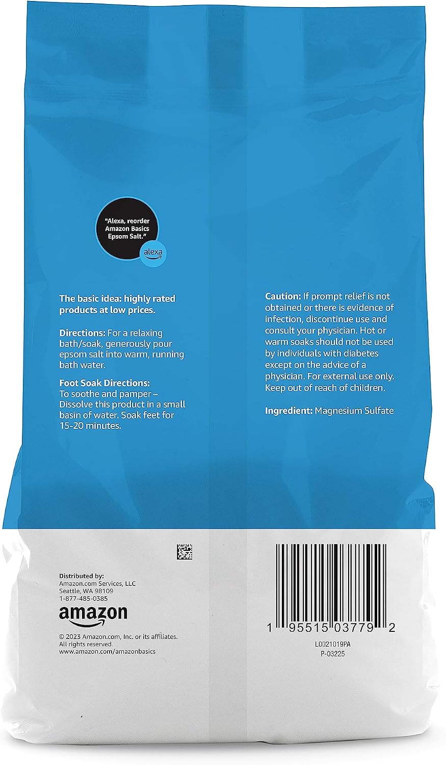 Amazon Basics Epsom Salt Soak, Unscented, Magnesium Sulfate USP, Muscle and Feet Relaxation, Resealable Bag, 3 Pound