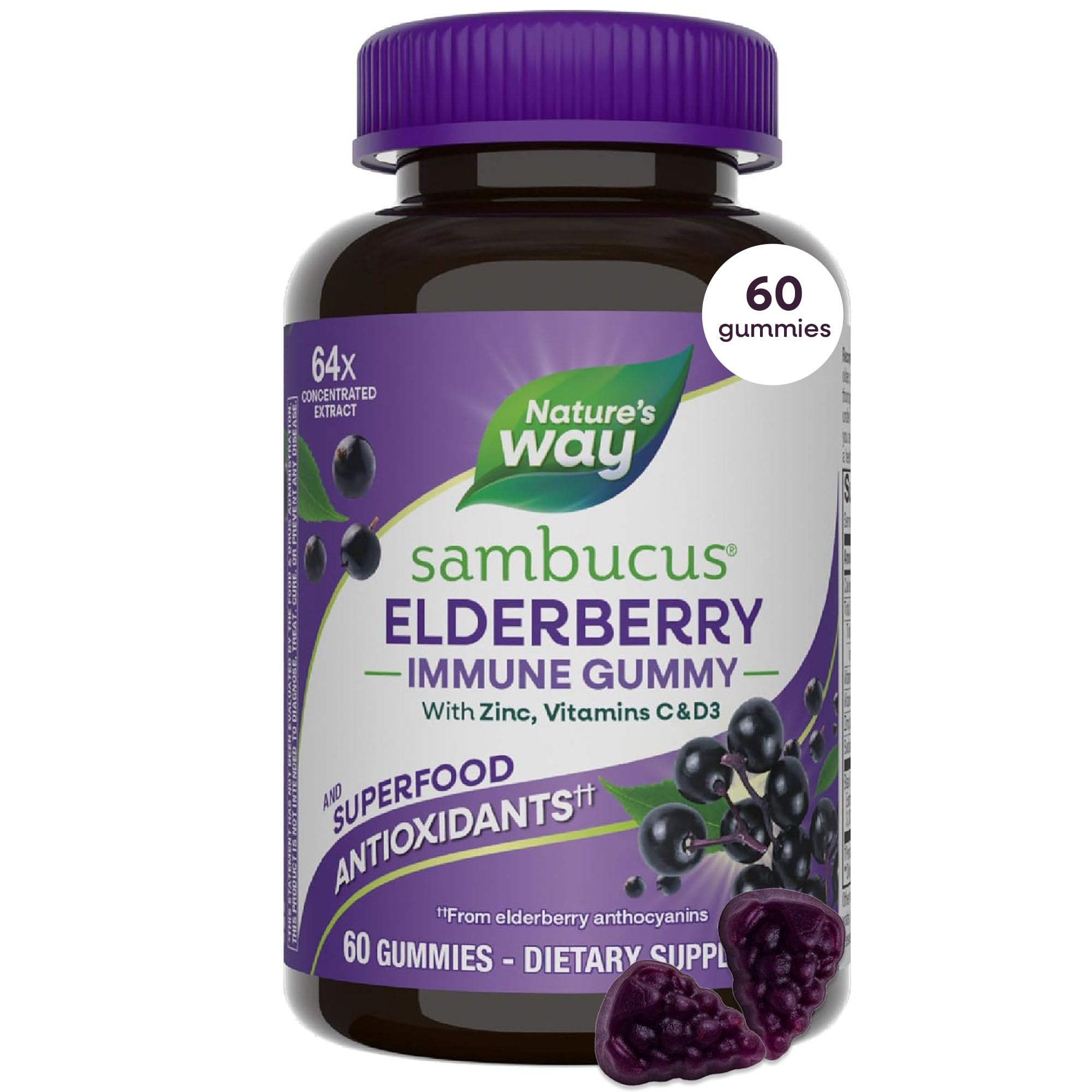 Nature's Way Sambucus Elderberry Gummies, Immune Support Gummy for Adults & Kids Ages 4+ with Black Elderberry Extract, Vitamin C, Vitamin D3, and Zinc*, 60 Gummies | Immune Gummy with Black Elderberry Extract, Vitamin C, D3, Zinc, and Superfood Antioxida