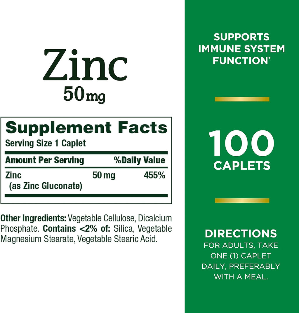 Nature’s Bounty Zinc 50mg, Immune Support & Antioxidant Supplement, Promotes Skin Health, 1 Caplet Per Day, Gluten Free, 250 Vegetarian Caplets