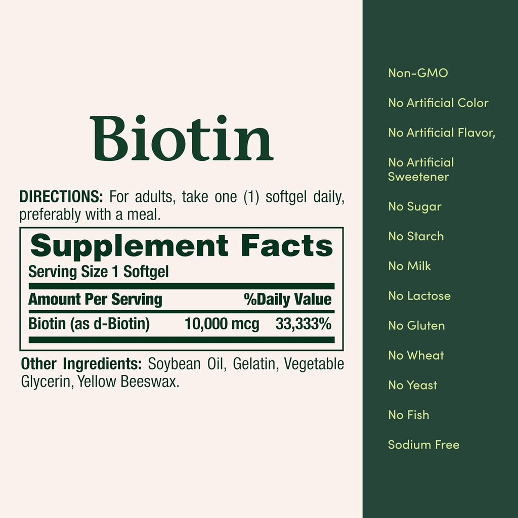 Nature's Bounty Biotin Hair Skin and Nails Vitamins, Supports Healthy Hair, Skin and Nails, 10,000 mcg, 120 Softgels (Pack of 1)