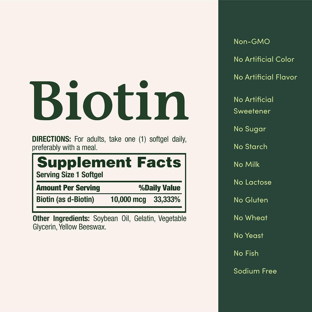 Nature's Bounty Biotin Hair Skin and Nails Vitamins, Supports Healthy Hair, Skin and Nails, 10,000 mcg, 120 Softgels (Pack of 1)