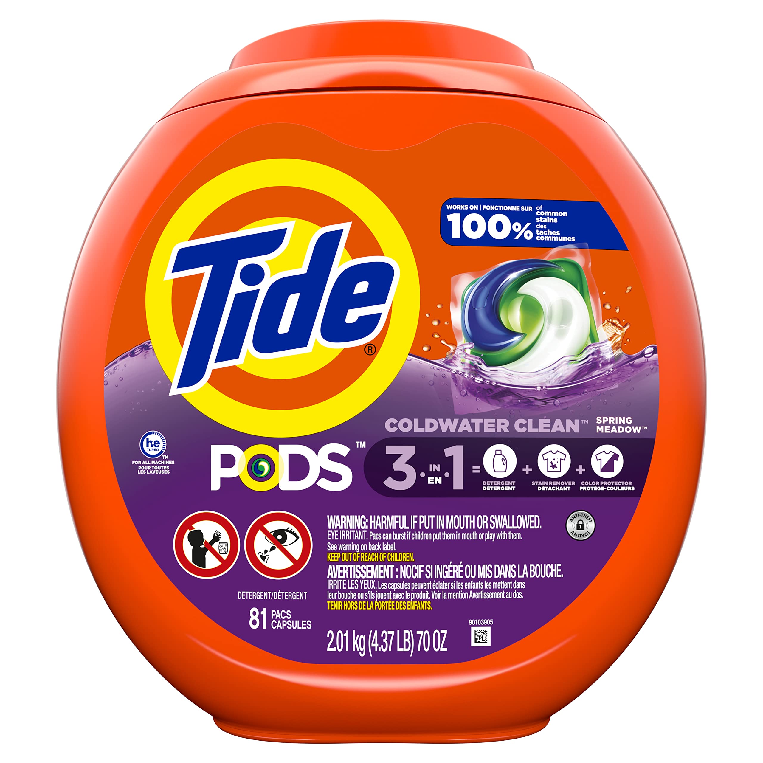 Tide PODS laundry detergent pacs, 3-in-1 Stain Remover, Odor Fighter, Color Protector, 112 Count, HE compatible, Spring Meadow Scent