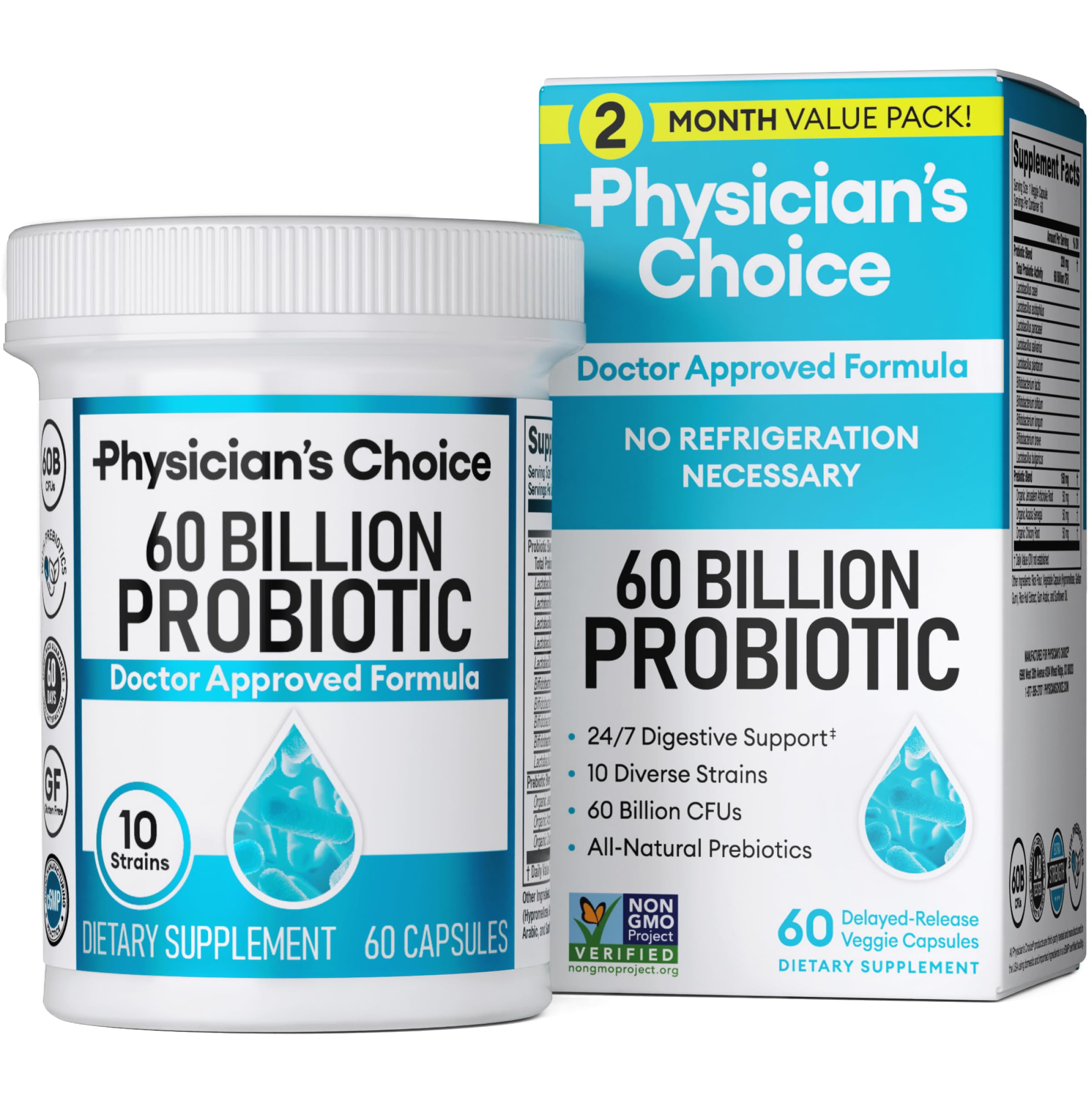 Physician's CHOICE Probiotics 60 Billion CFU - 10 Strains + Organic Prebiotics - Immune, Digestive & Gut Health - Supports Occasional Constipation, Diarrhea, Gas & Bloating - for Women & Men - 30ct