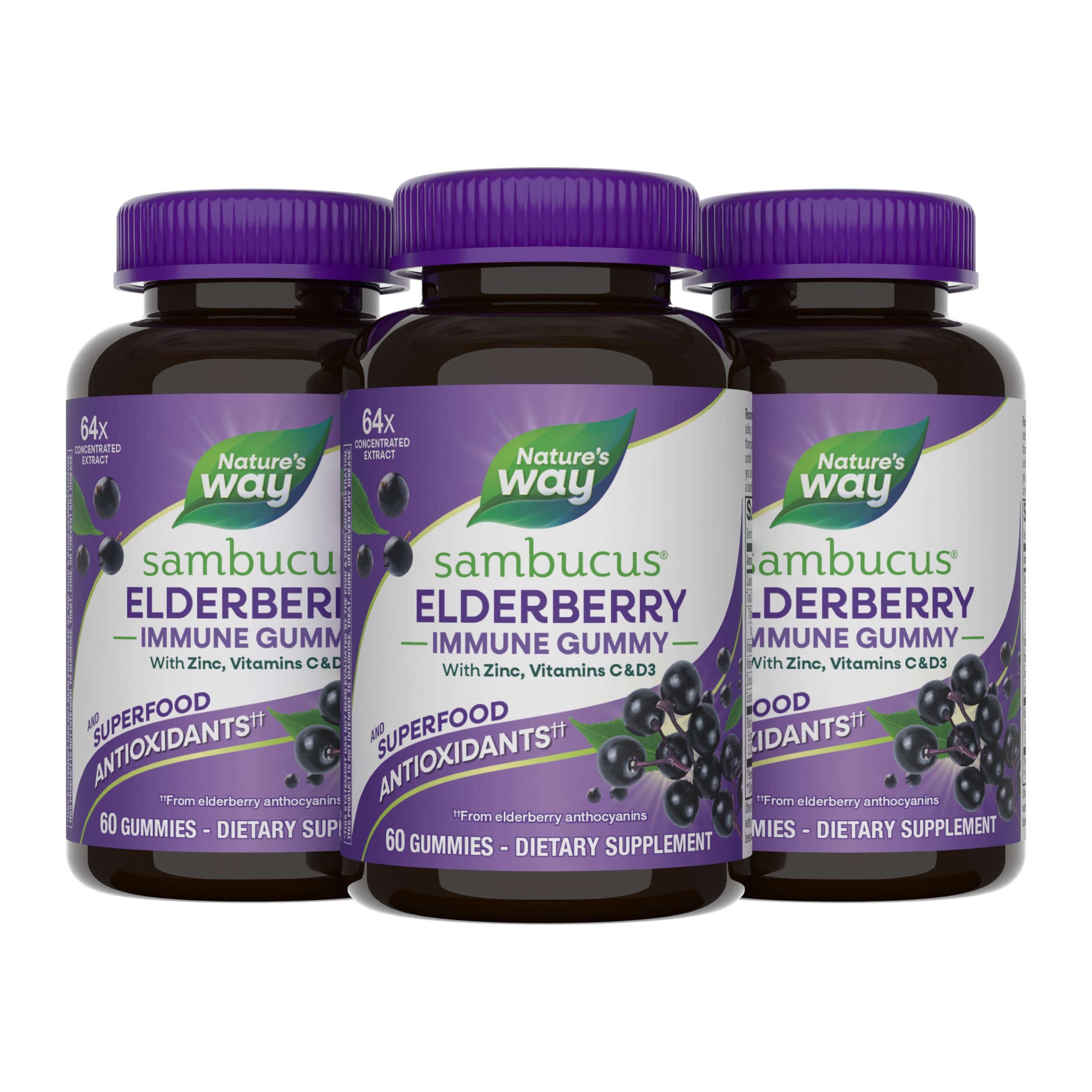 Nature's Way Sambucus Elderberry Gummies, Immune Support Gummy for Adults & Kids Ages 4+ with Black Elderberry Extract, Vitamin C, Vitamin D3, and Zinc*, 60 Gummies | Immune Gummy with Black Elderberry Extract, Vitamin C, D3, Zinc, and Superfood Antioxida