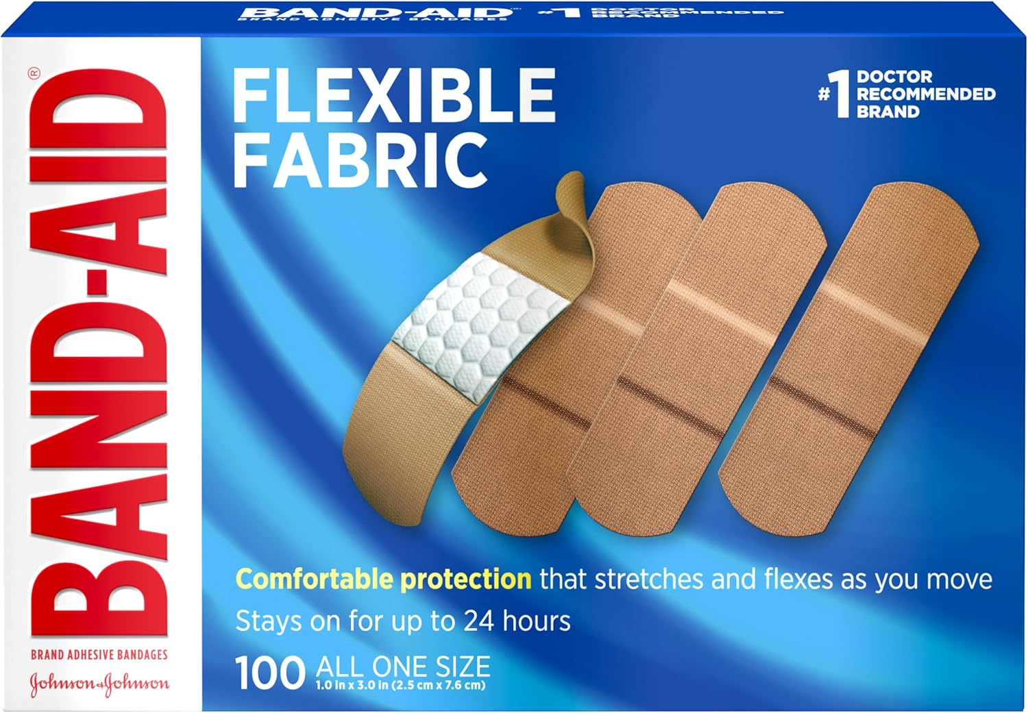 BAND-AID Brand Flexible Fabric Adhesive Bandages, Comfortable Sterile Protection & Wound Care for Minor Cuts, Scrapes & Burns, First Aid Kit Essential, Non-Stick Hurt-Free Pad, Assorted Sizes, 100 Ct