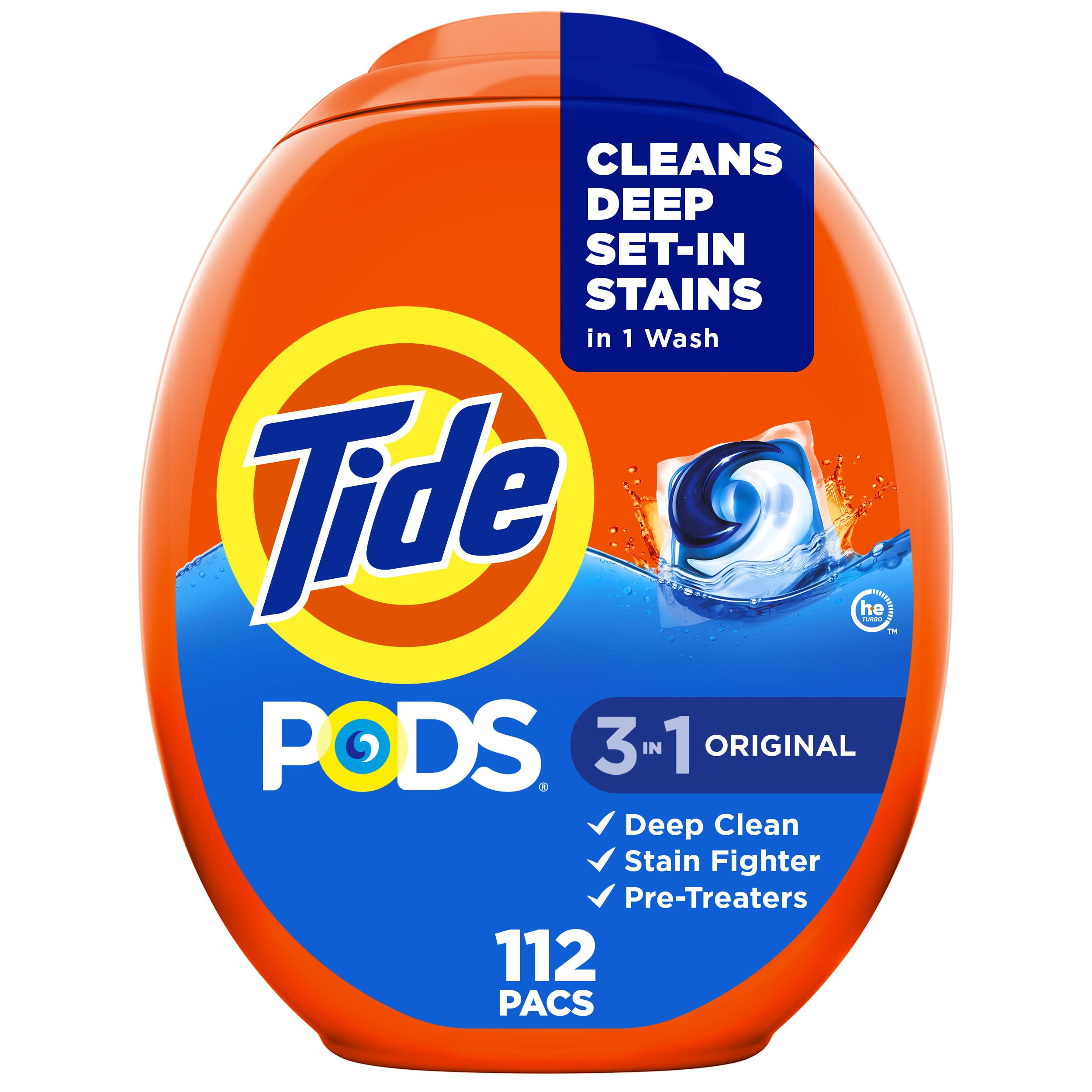 Tide PODS laundry detergent pacs, 3-in-1 Stain Remover, Odor Fighter, Color Protector, 112 Count, HE compatible, Spring Meadow Scent