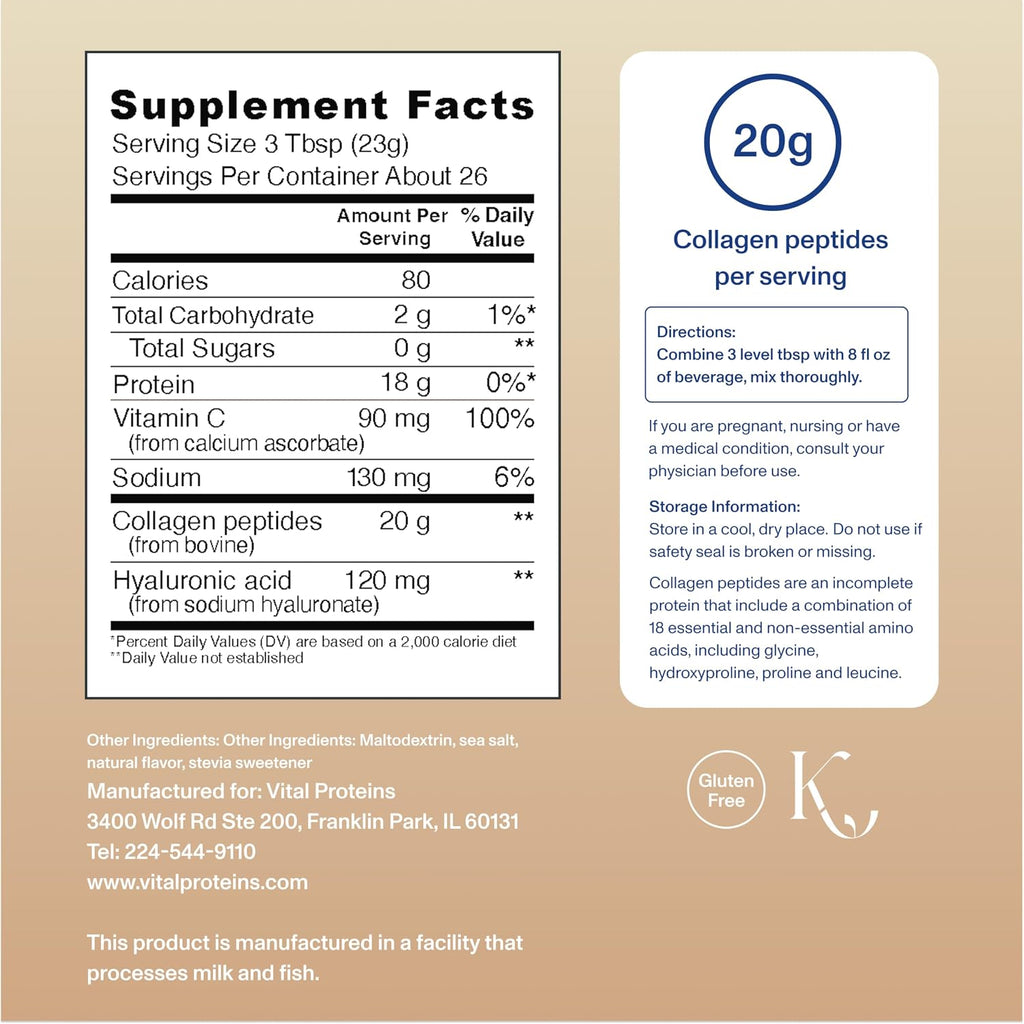 Vital Proteins Collagen Peptides Powder Advanced with Hyaluronic Acid & Vitamin C, 20oz Collagen Protein, Unflavored, 27 Servings