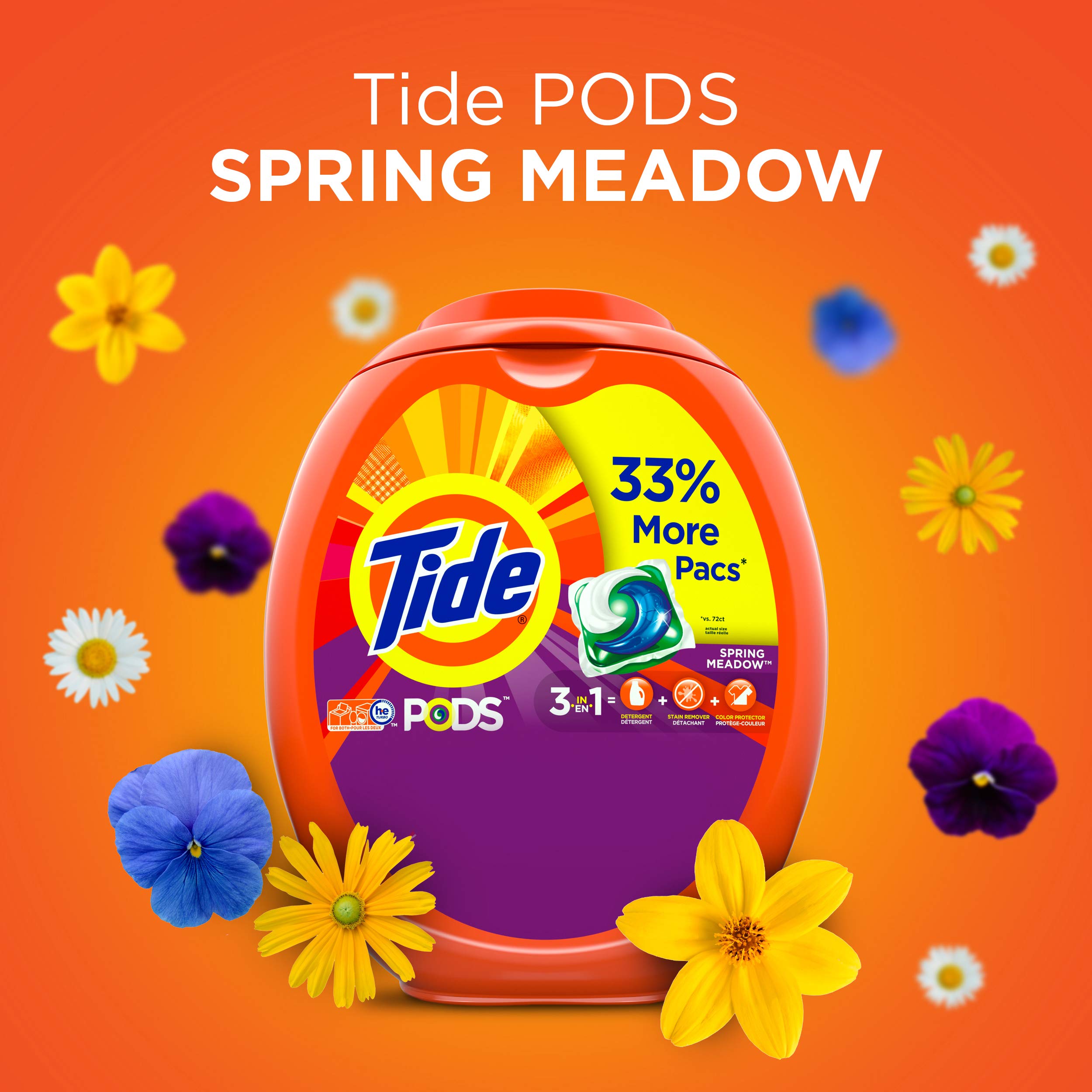 Tide PODS laundry detergent pacs, 3-in-1 Stain Remover, Odor Fighter, Color Protector, 112 Count, HE compatible, Spring Meadow Scent