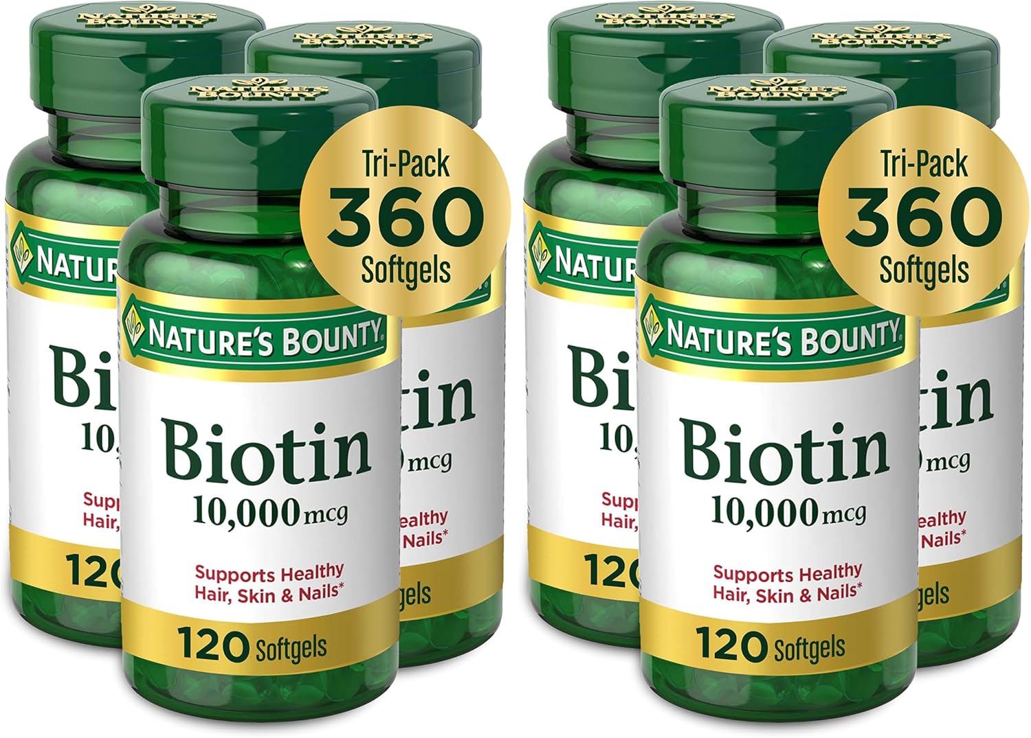 Nature's Bounty Biotin Hair Skin and Nails Vitamins, Supports Healthy Hair, Skin and Nails, 10,000 mcg, 120 Softgels (Pack of 1)