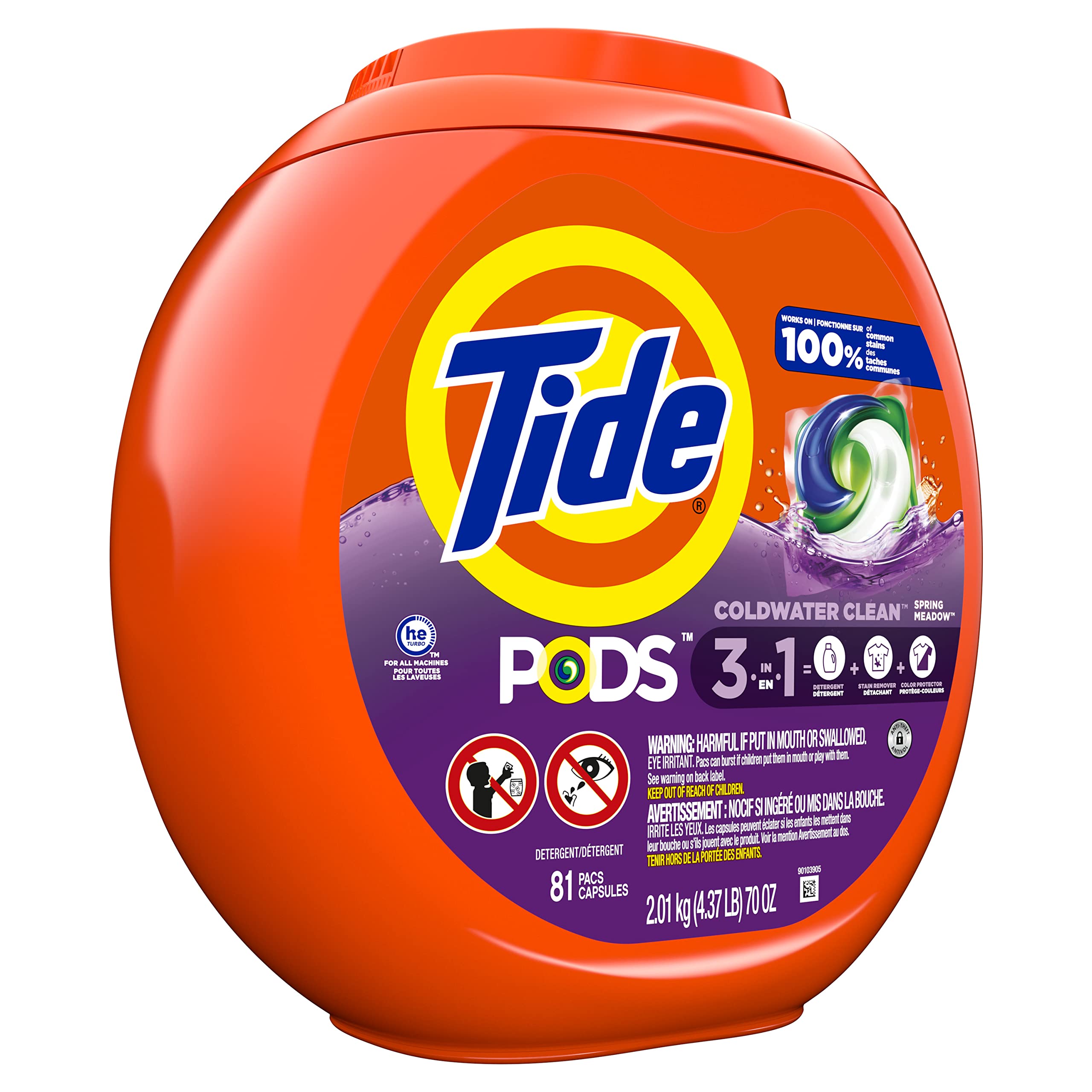 Tide PODS laundry detergent pacs, 3-in-1 Stain Remover, Odor Fighter, Color Protector, 112 Count, HE compatible, Spring Meadow Scent