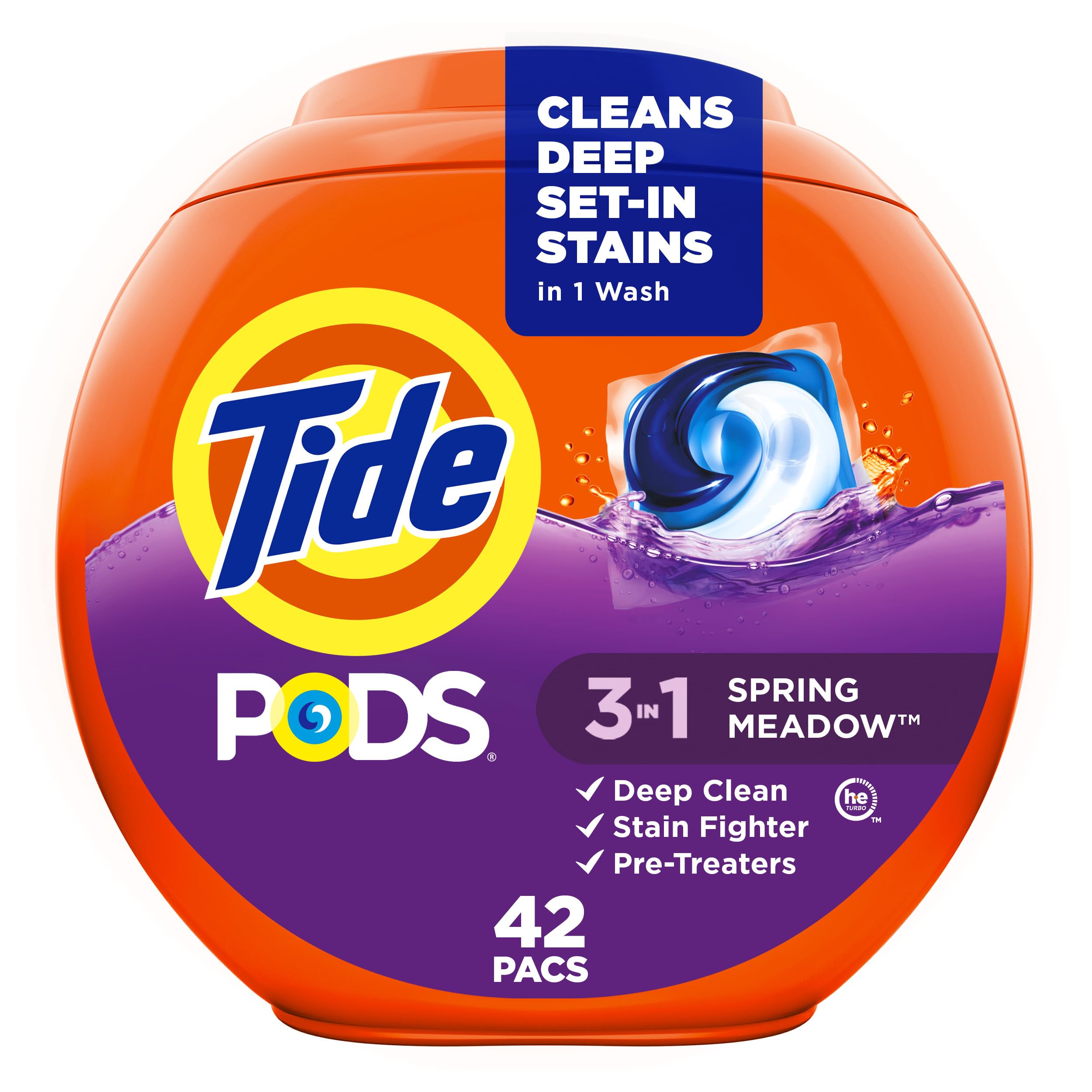 Tide PODS laundry detergent pacs, 3-in-1 Stain Remover, Odor Fighter, Color Protector, 112 Count, HE compatible, Spring Meadow Scent