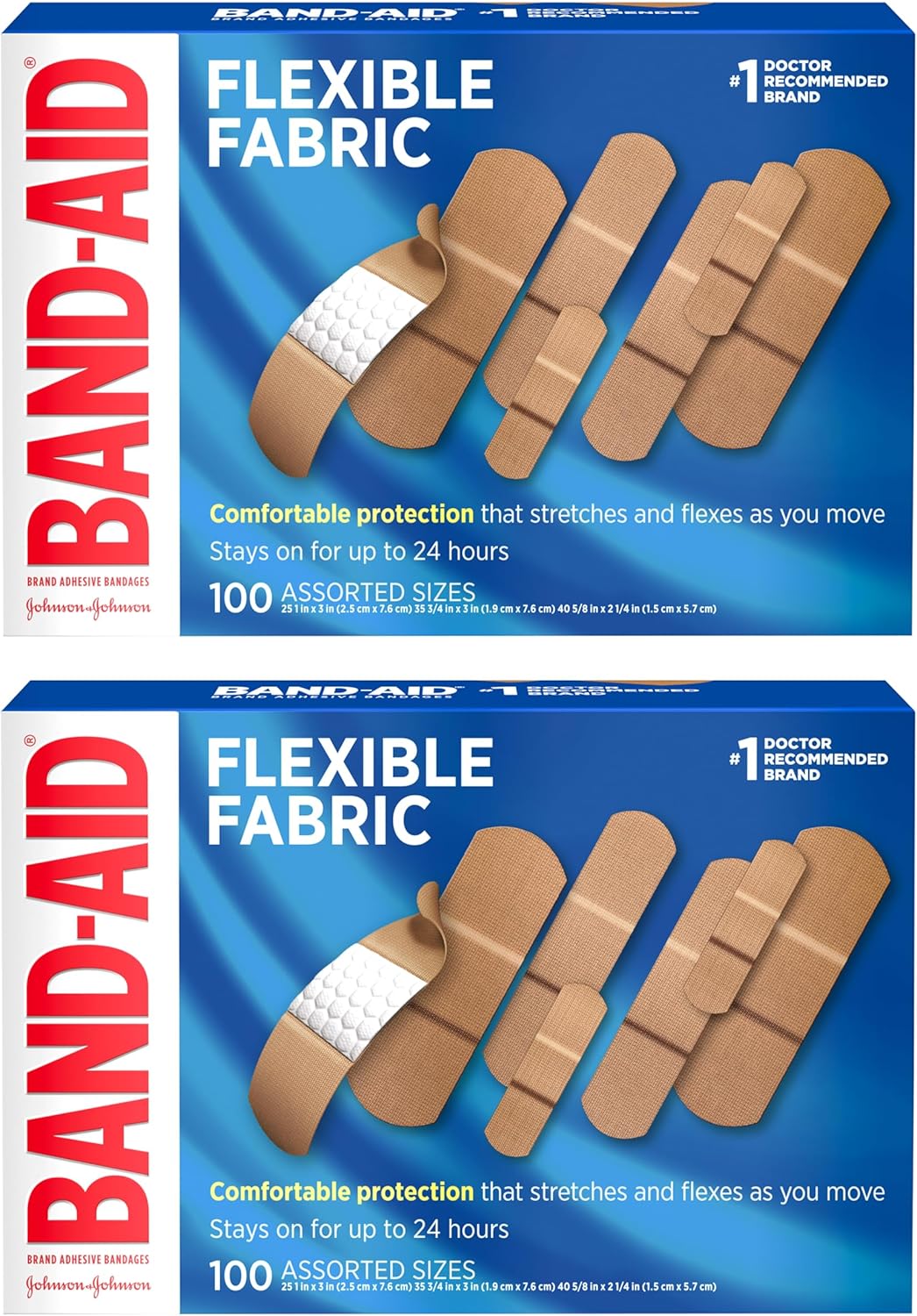 BAND-AID Brand Flexible Fabric Adhesive Bandages, Comfortable Sterile Protection & Wound Care for Minor Cuts, Scrapes & Burns, First Aid Kit Essential, Non-Stick Hurt-Free Pad, Assorted Sizes, 100 Ct