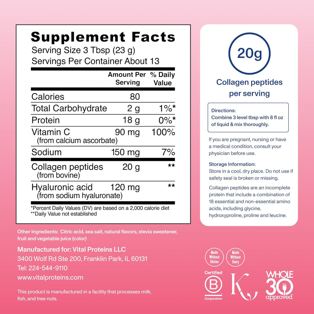 Vital Proteins Collagen Peptides Powder Advanced with Hyaluronic Acid & Vitamin C, 20oz Collagen Protein, Unflavored, 27 Servings