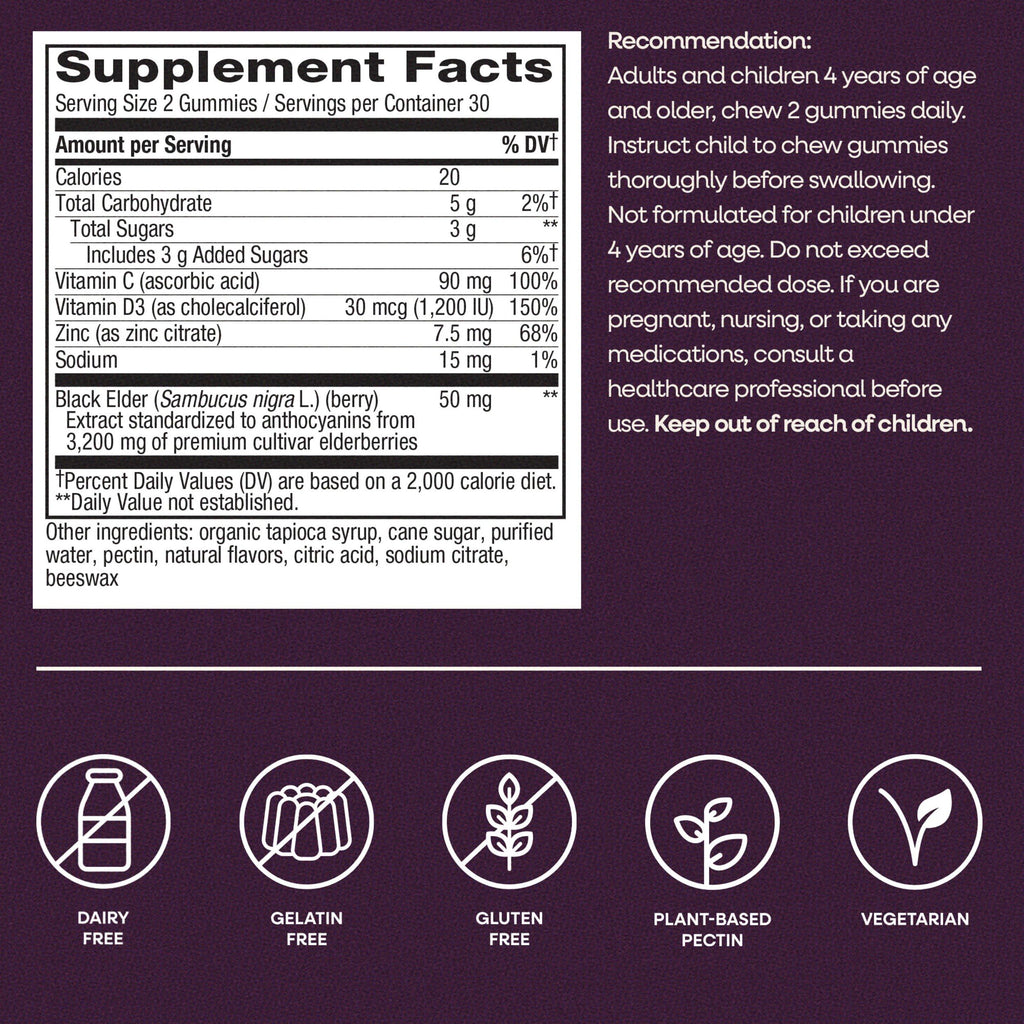 Nature's Way Sambucus Elderberry Gummies, Immune Support Gummy for Adults & Kids Ages 4+ with Black Elderberry Extract, Vitamin C, Vitamin D3, and Zinc*, 60 Gummies | Immune Gummy with Black Elderberry Extract, Vitamin C, D3, Zinc, and Superfood Antioxida